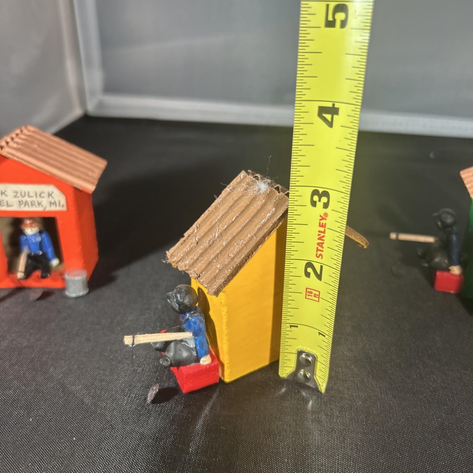 3 Vintage 80’s Painted Wood Christmas Village Ice Shanty W/Fishermen Folk Art 3”