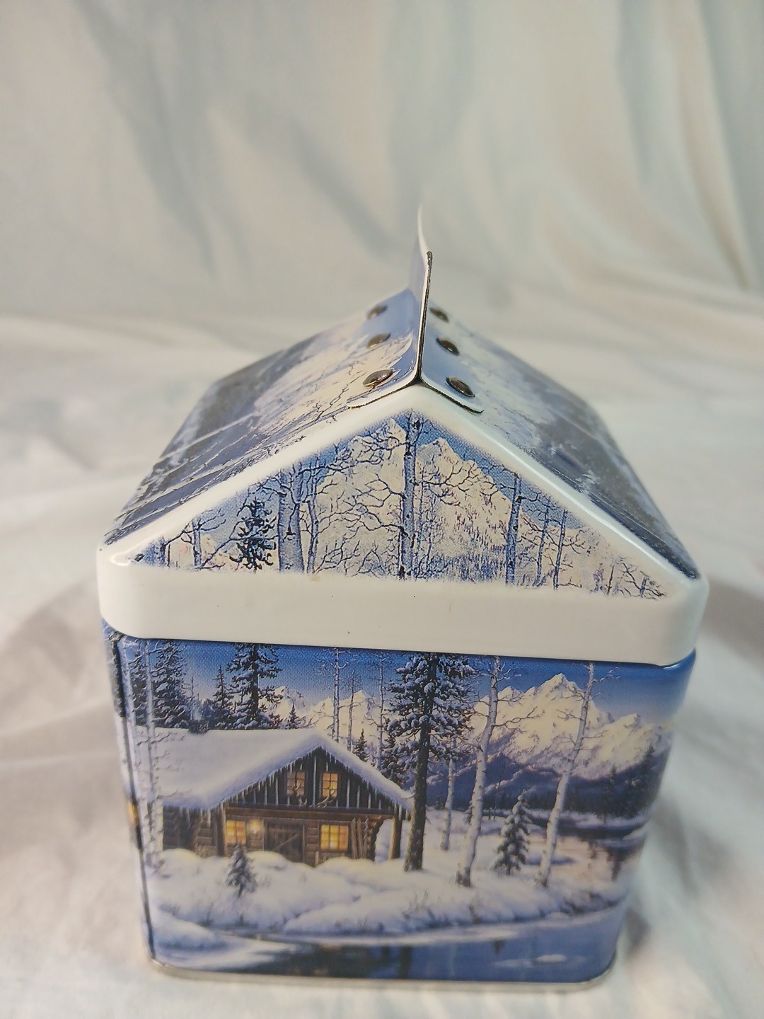 Vintage Christmas House Cookie Tin Winter Cabin Gabled Milk Carton Decor