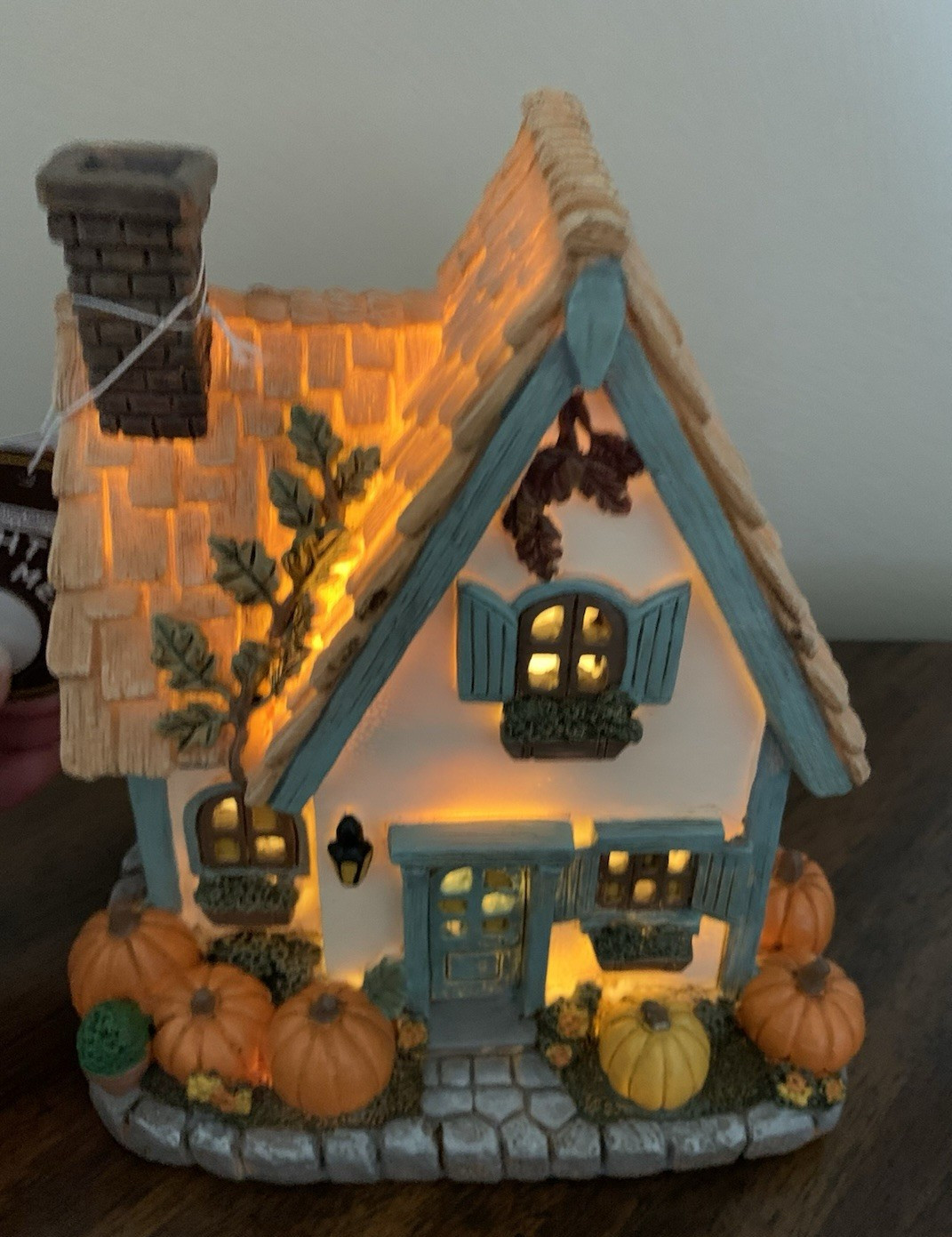 Cozy Fall Cottage Light Up House Pumpkins Blue Trim 7.5in Tall, Hobby Lobby, New