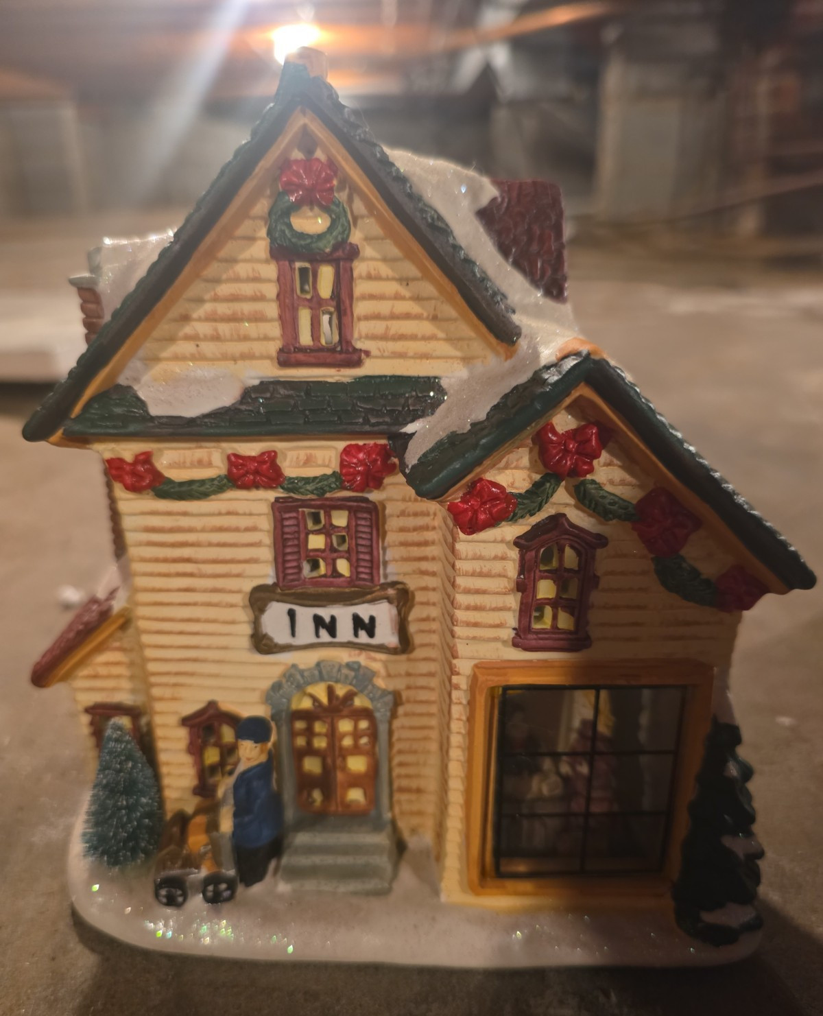 Ceramic Christmas Village Inn House Building, Multicolor Painted Snow Roof