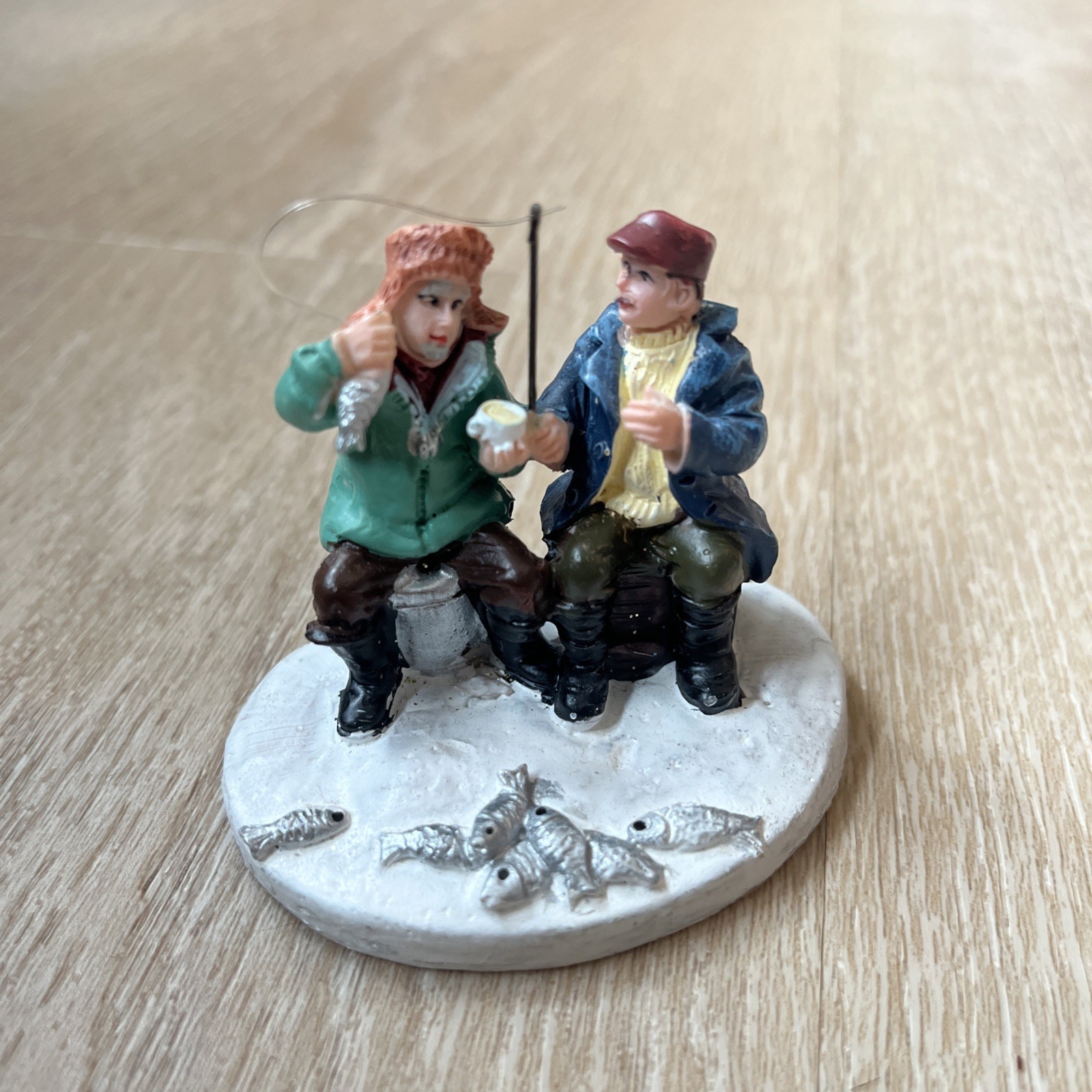 Holiday Christmas Village Ice Fishing Dad Son Man Boy Miniature trinket Figurine