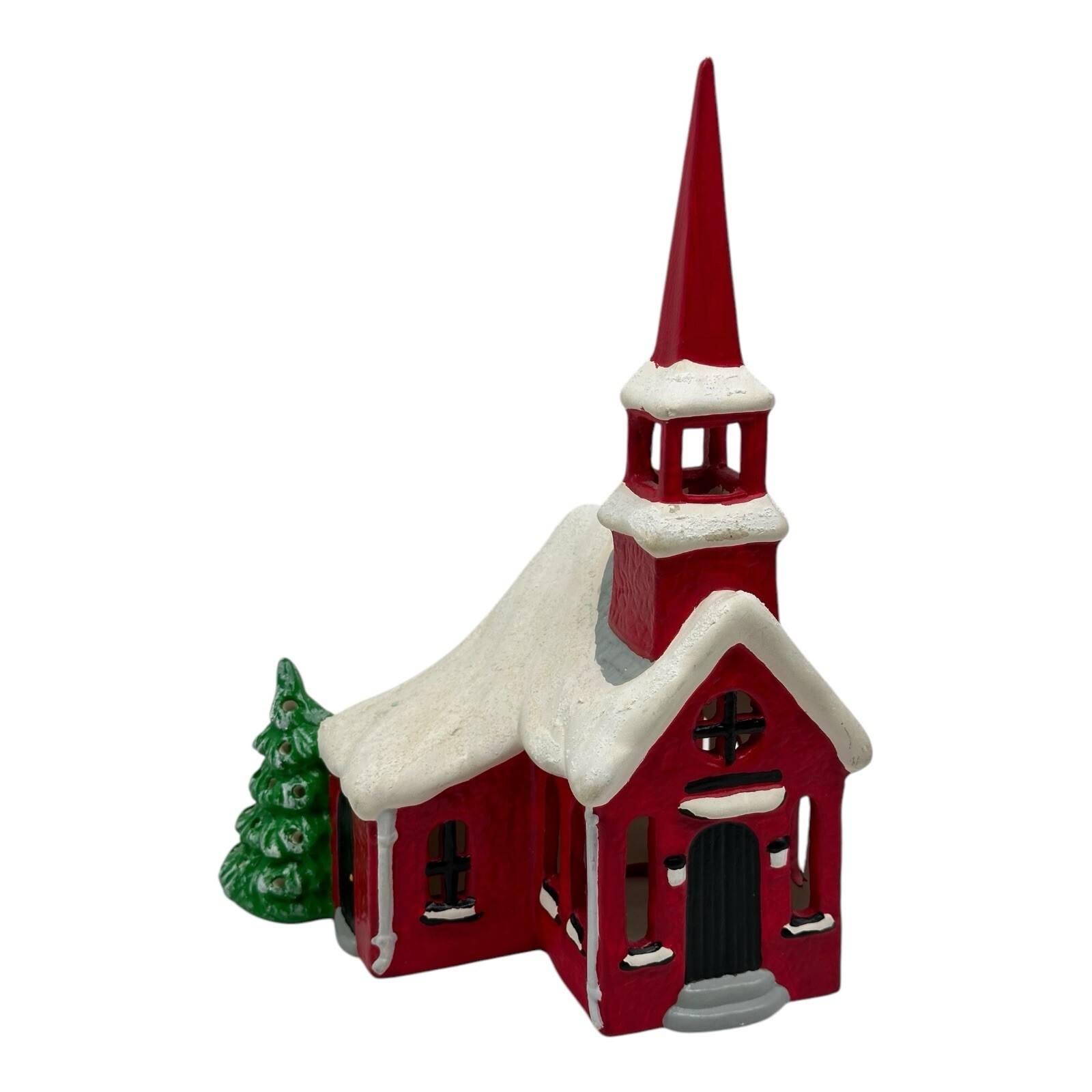 Vintage Handmade Ceramic Snowy Red Church Holiday Village 9” Tall