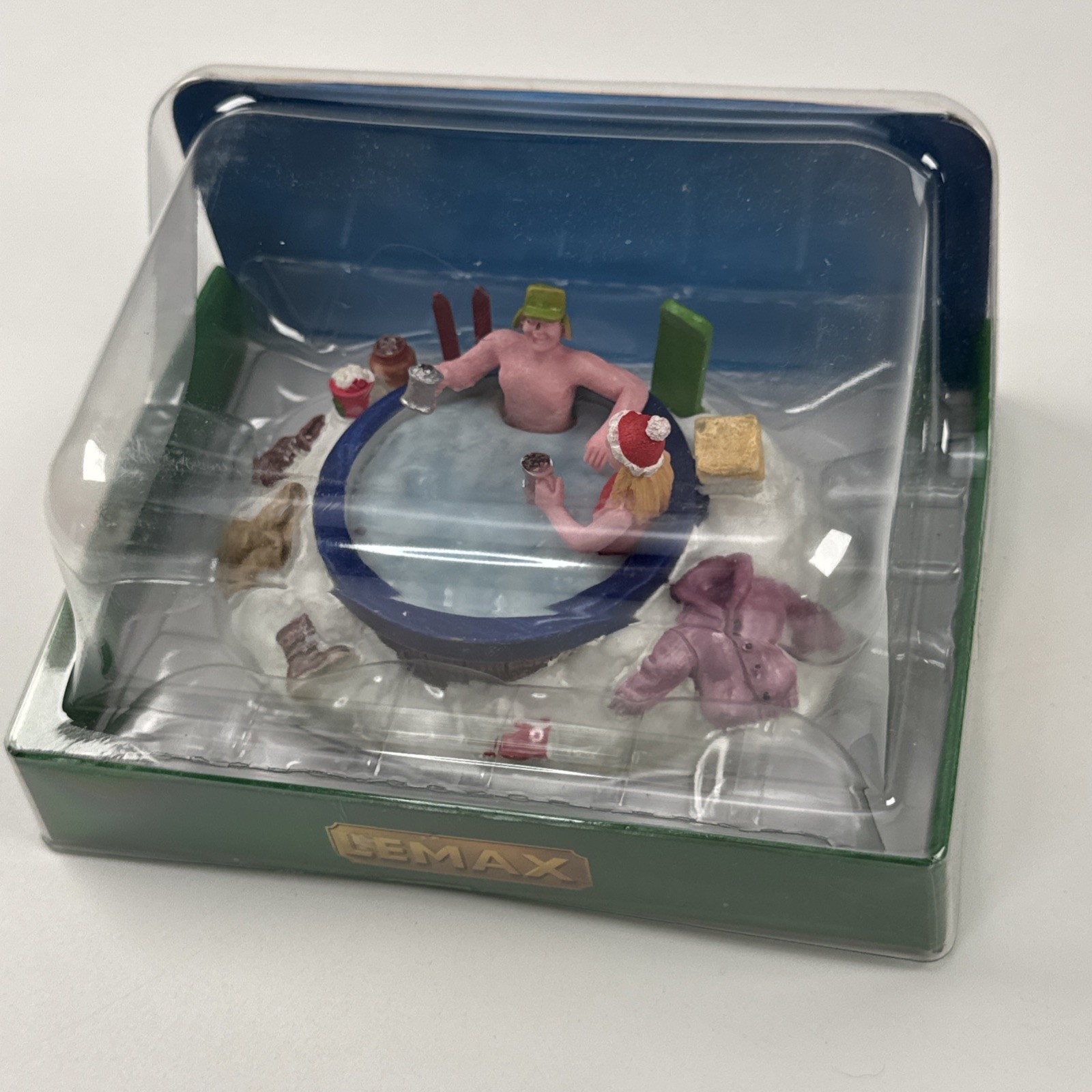 RARE Lemax Christmas Village Town Winter Hot Tubbing Skiers Couple Hot Tub Beer