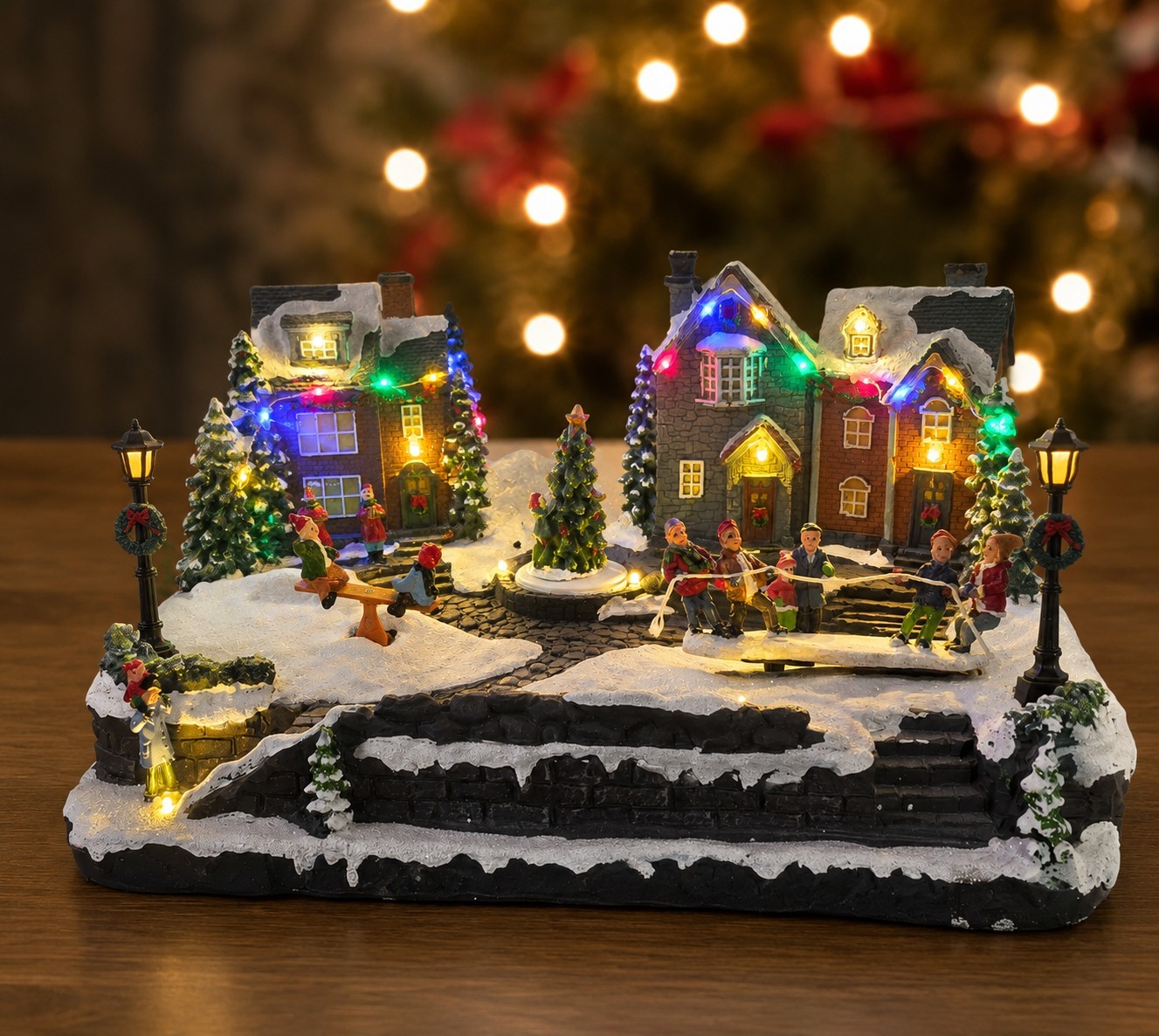 Children Playing Christmas Village Animated LED Lights, Rotating Tree
