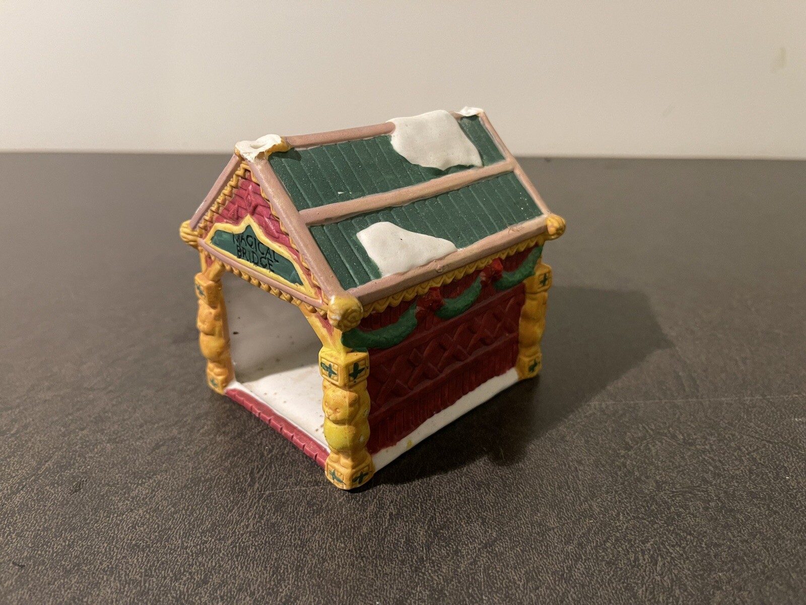 Cheryl Ann Christmas Village Red Magical Bridge with Green Roof and Snowy Detail