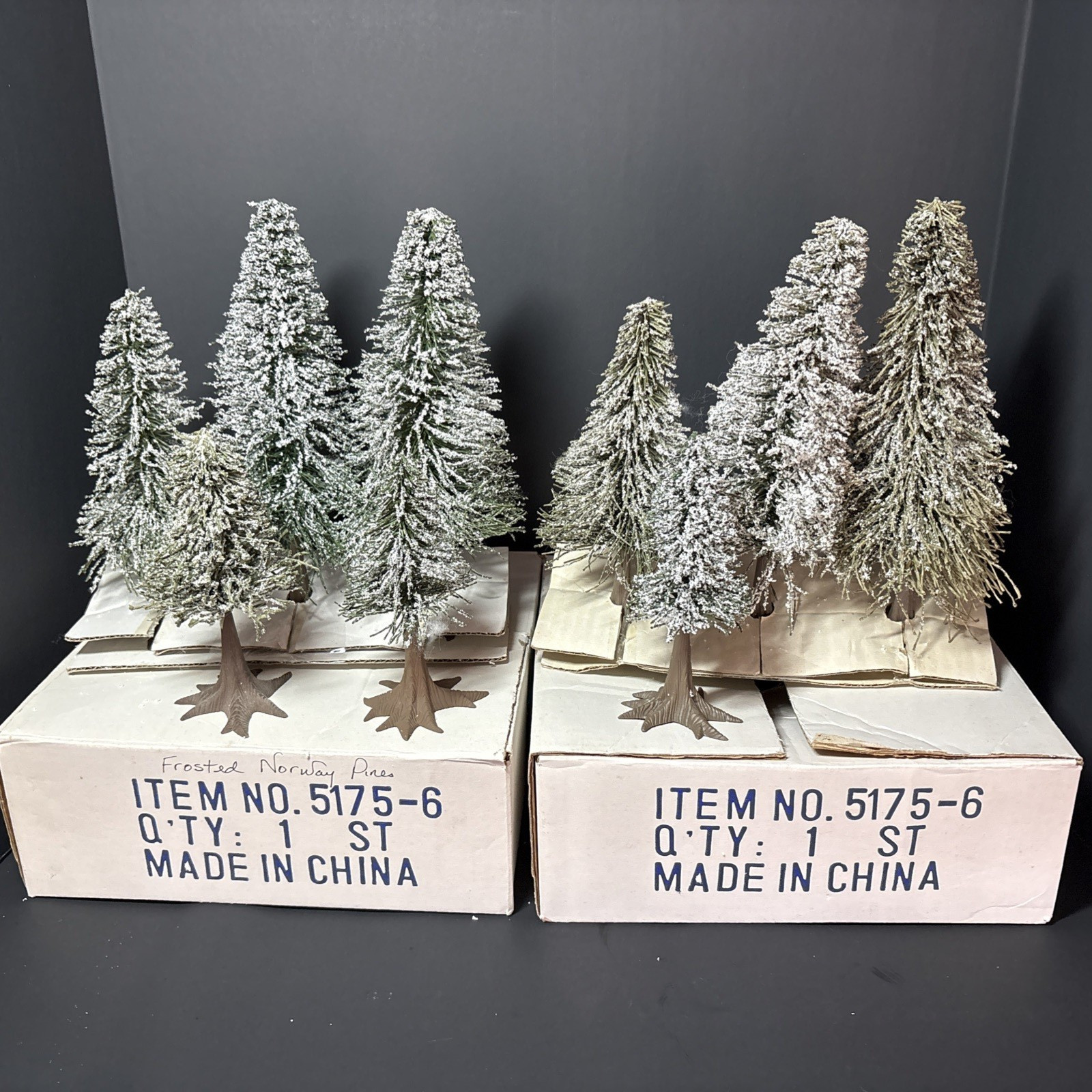 9 Vintage Dept 56 Snow Village Frosted Norway Pine tree Lot in box 3 sizes