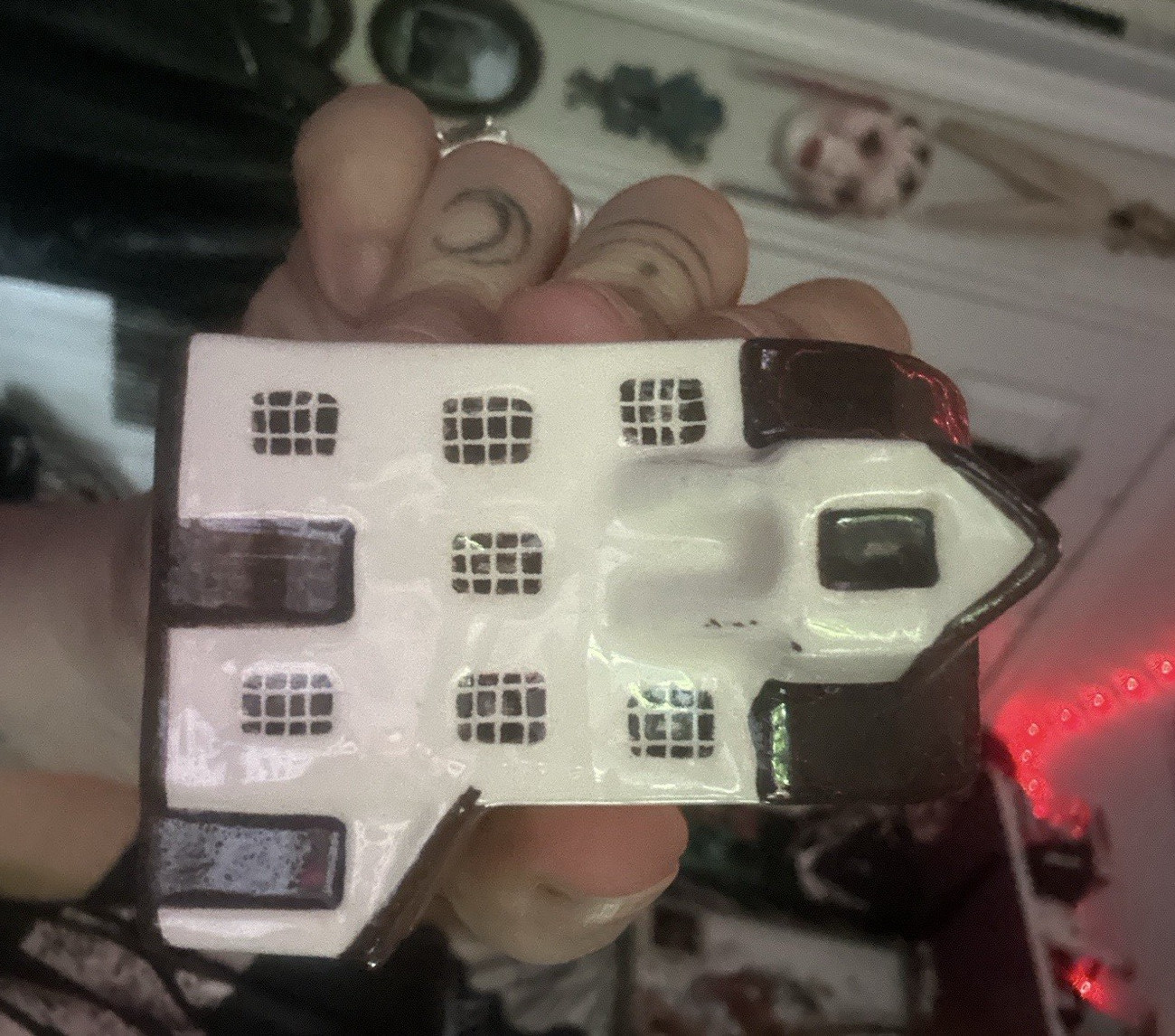Ceramic Village House Miniature Building Figurine, White/Black Glossy Finish