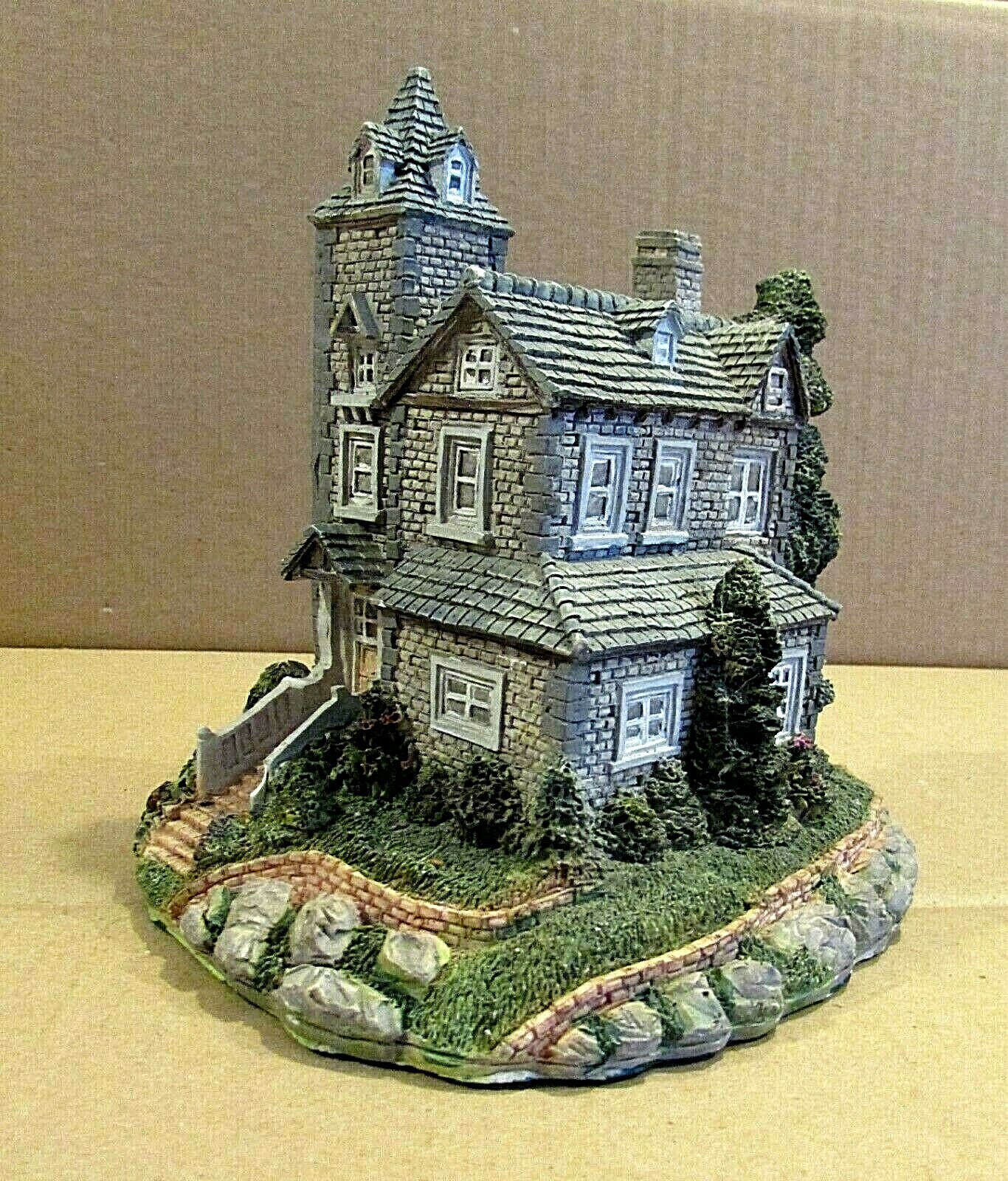 Vintage Hand Painted Plaster Village Country Stone Brick House Mansion w Tower