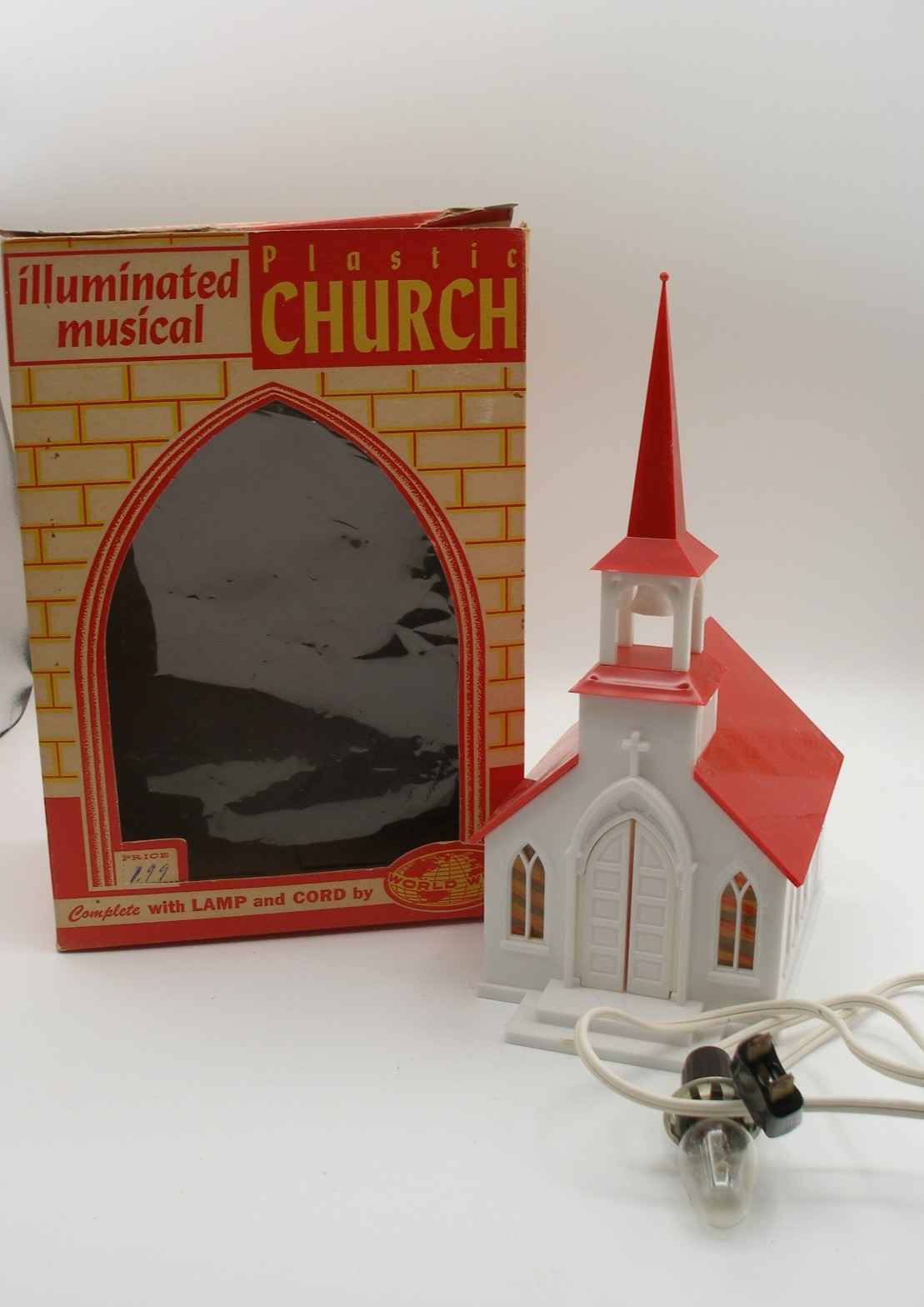 Vtg Illuminated Plastic Christmas Church Wind Up Music Box Chapel 9″ w/ box L8