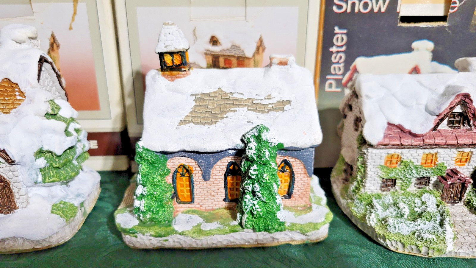 4 Vintage Hand Painted Plaster Snow Houses -TAIWAN -4″high StartYour own village