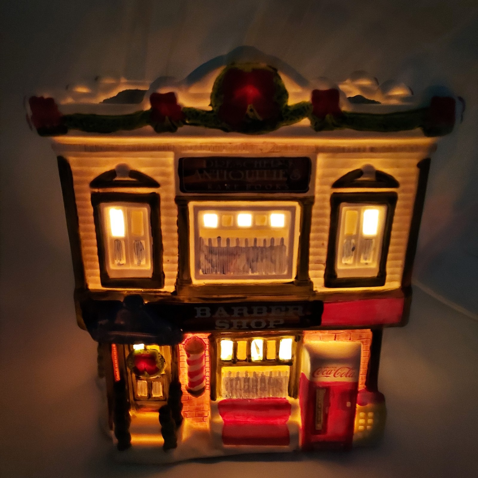 1996 Coca-Cola Town Square Christmas Collection Lighted BOOK STORE/BARBER SHOP
