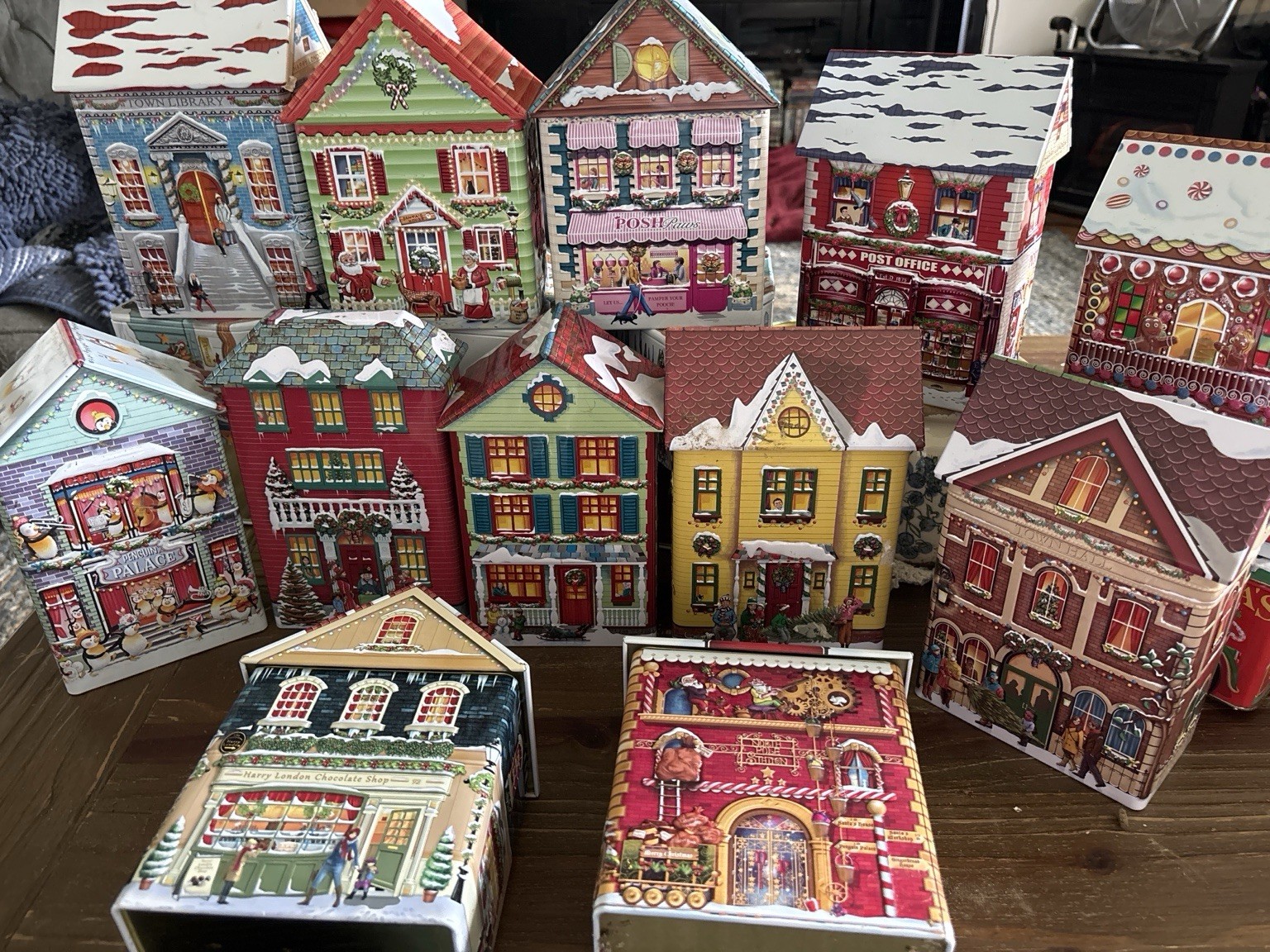 Harry London Christmas Village Tin Collection 15 Piece Set Post Office Houses