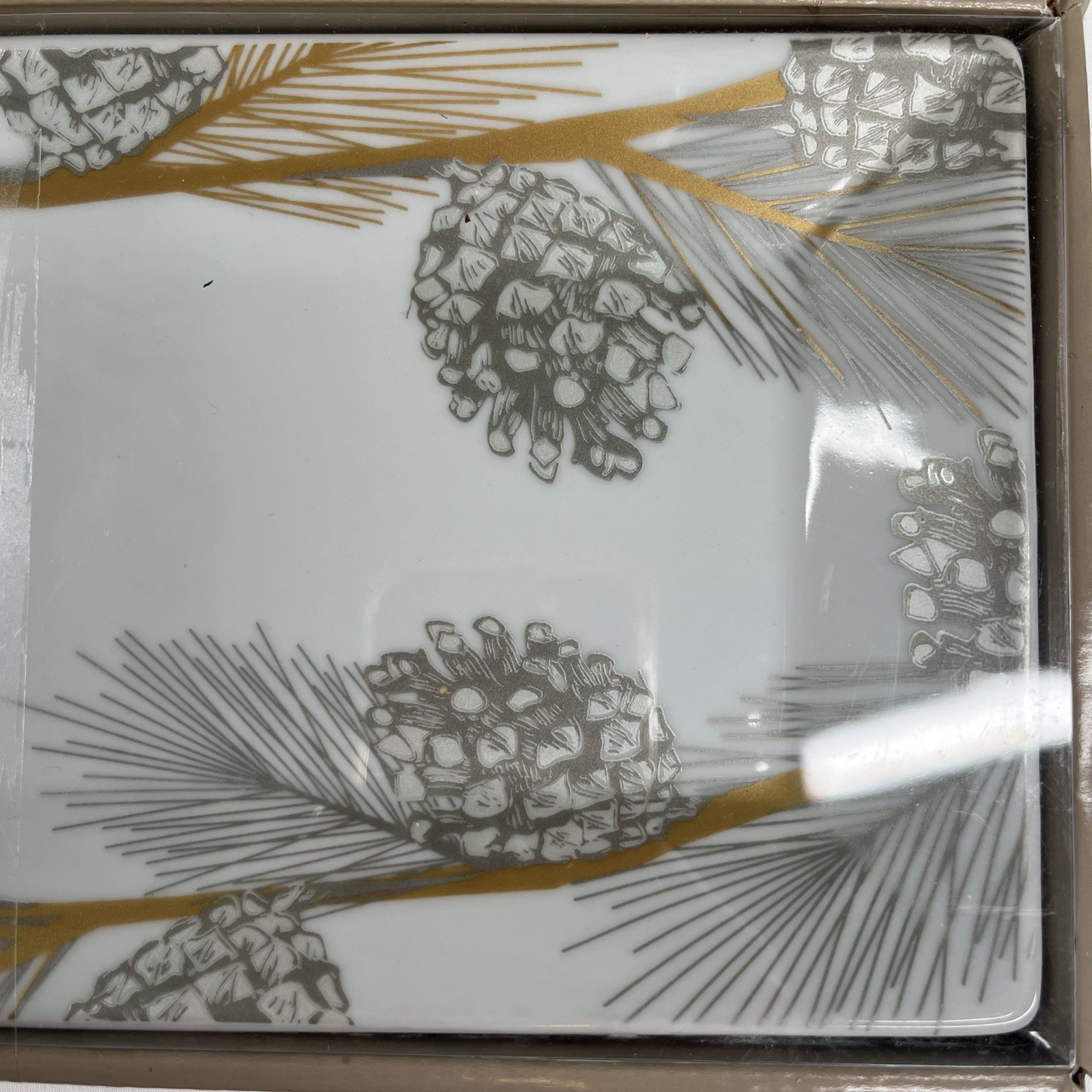 St Nicholas Square Pine Cone Treat Tray 13″ x 5″ White Rectangle in Box