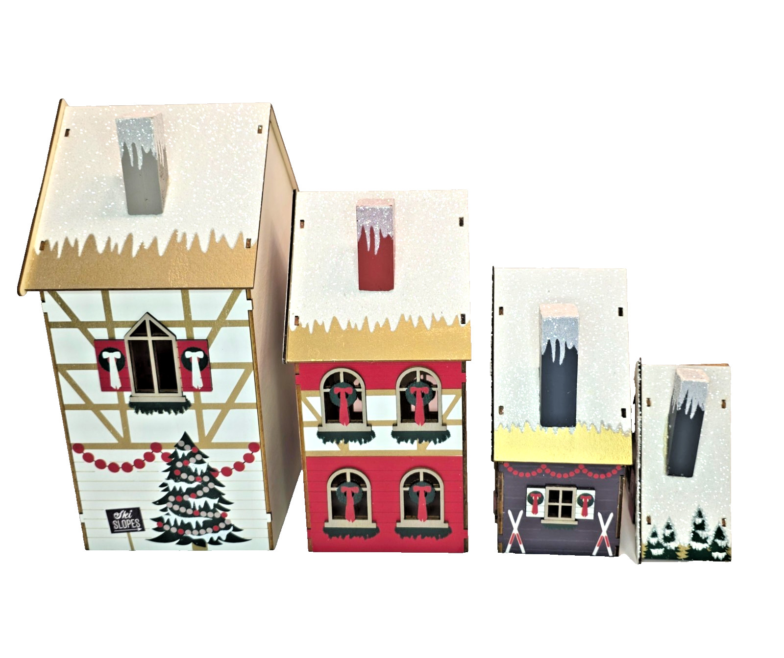 Christmas Village Houses Set Of 4 Wooden Nesting Glitter Decor BNIB Holiday