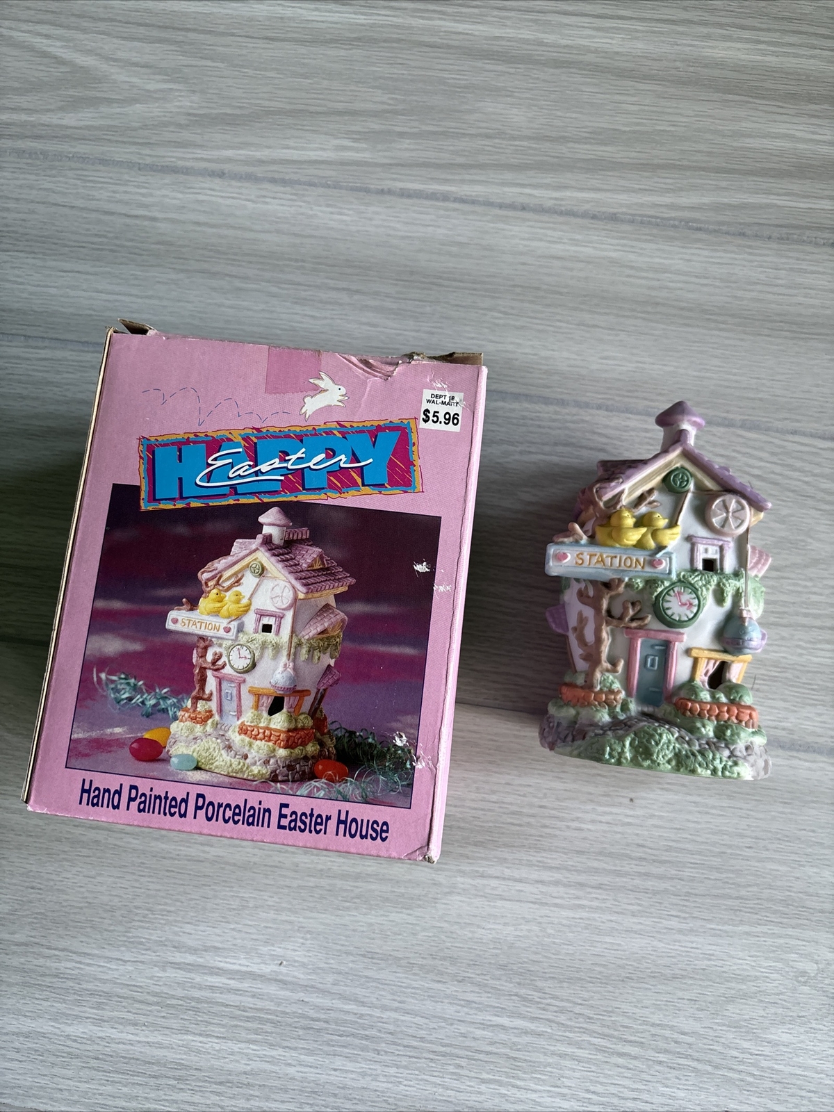 Vintage Happy Easter 6 Inch Hand-painted Porcelain Easter Train Station No Cord