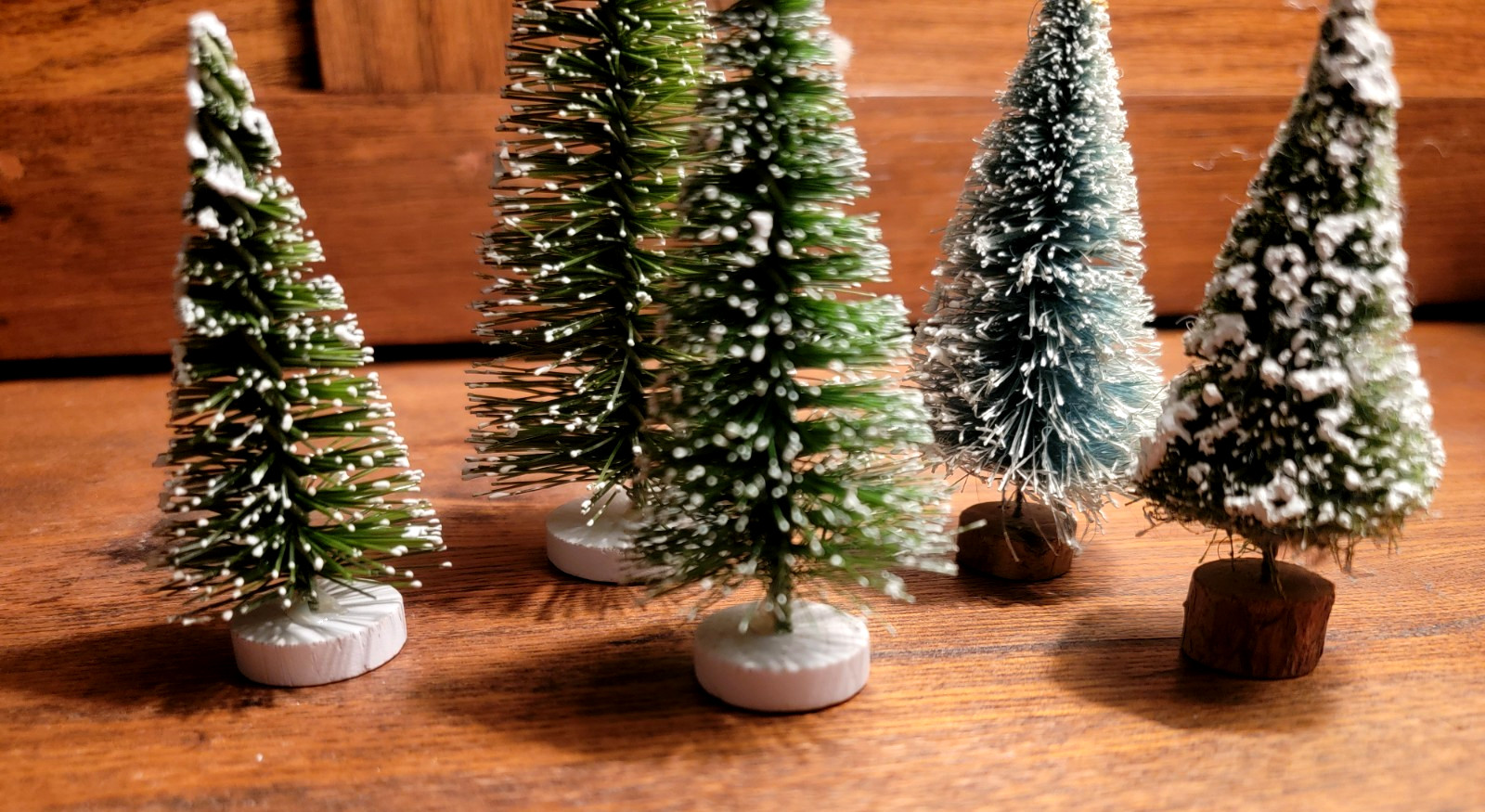 Vintage Bottle Brush Trees Flocked with Bases Lot of 5 TAIWAN