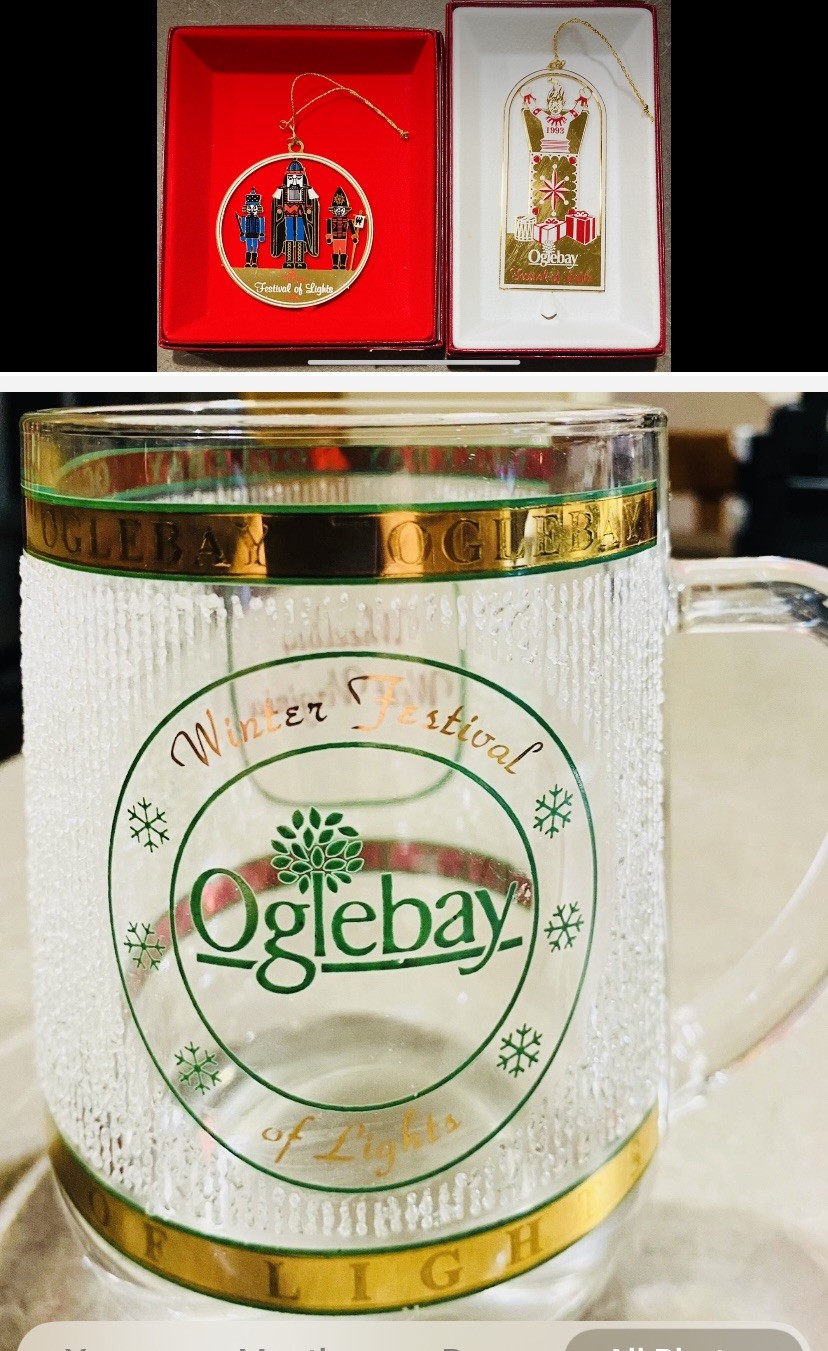 VTG Olgebay 3-Items Festival of Lgts In W.V. 1-Glass Mug/2-Ornaments GOLD Pltd