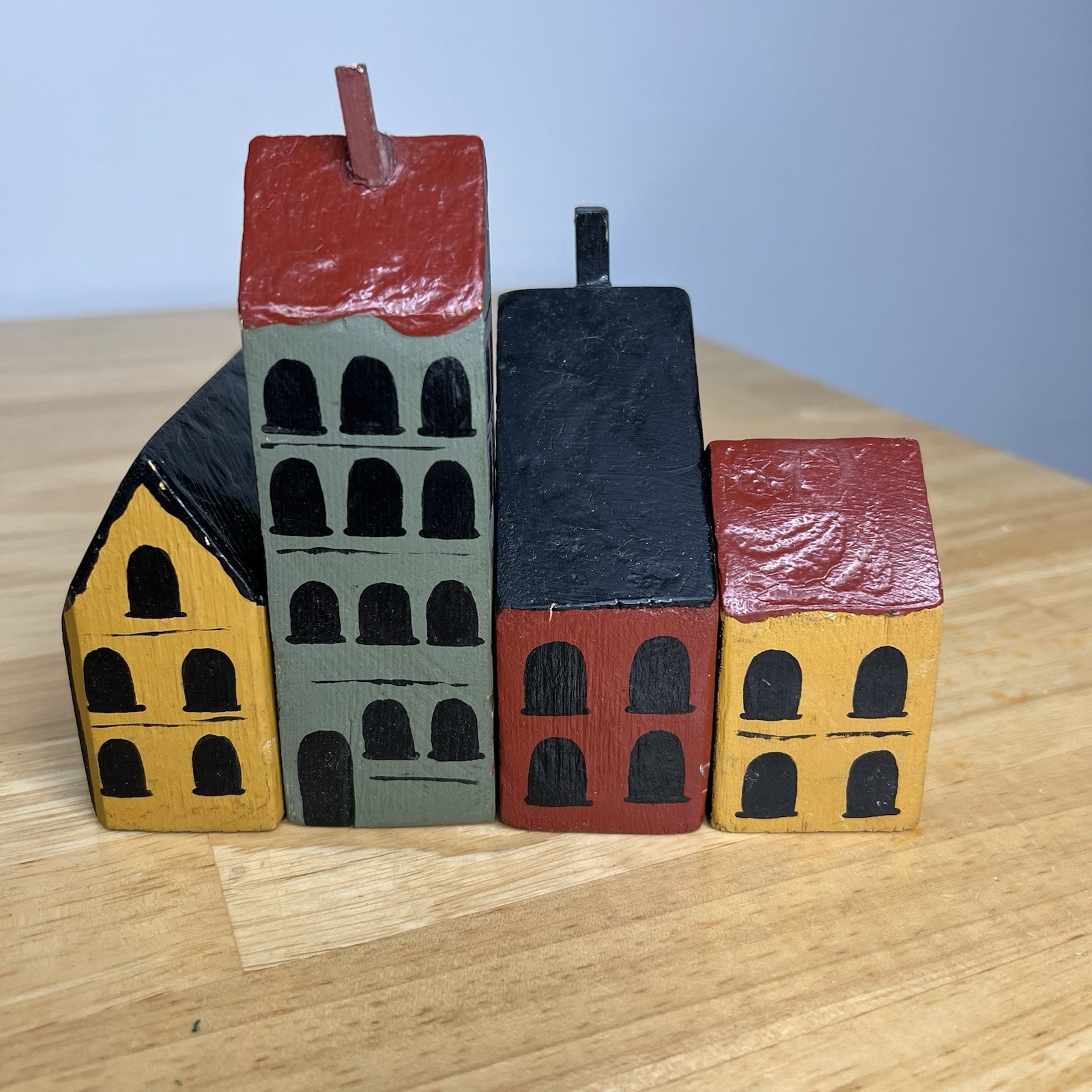 Primitive Folk Art Wood Block Village Houses Set Of 4 Handmade And Painted Shops
