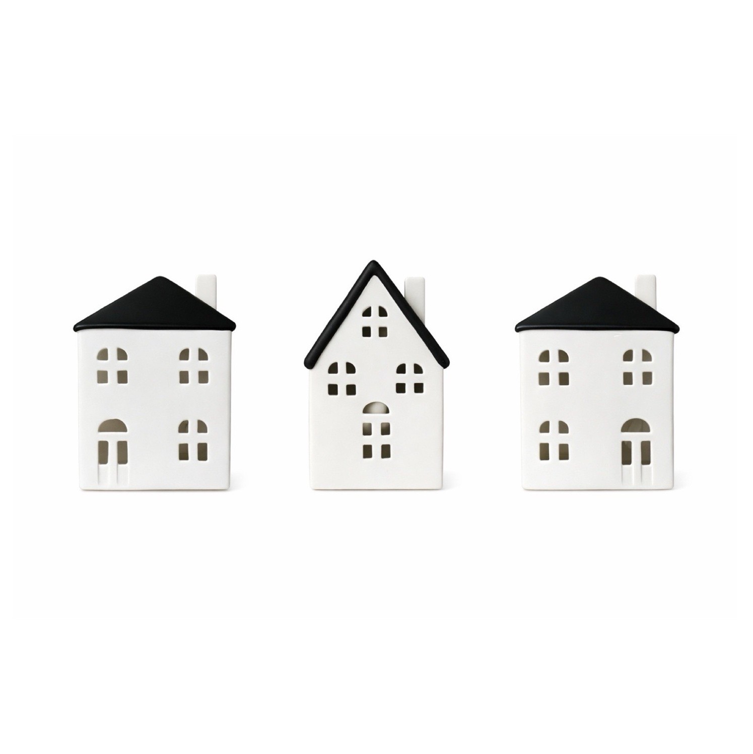 Set of 3 Ceramic Matte White Black Contemporary Village Houses Decor