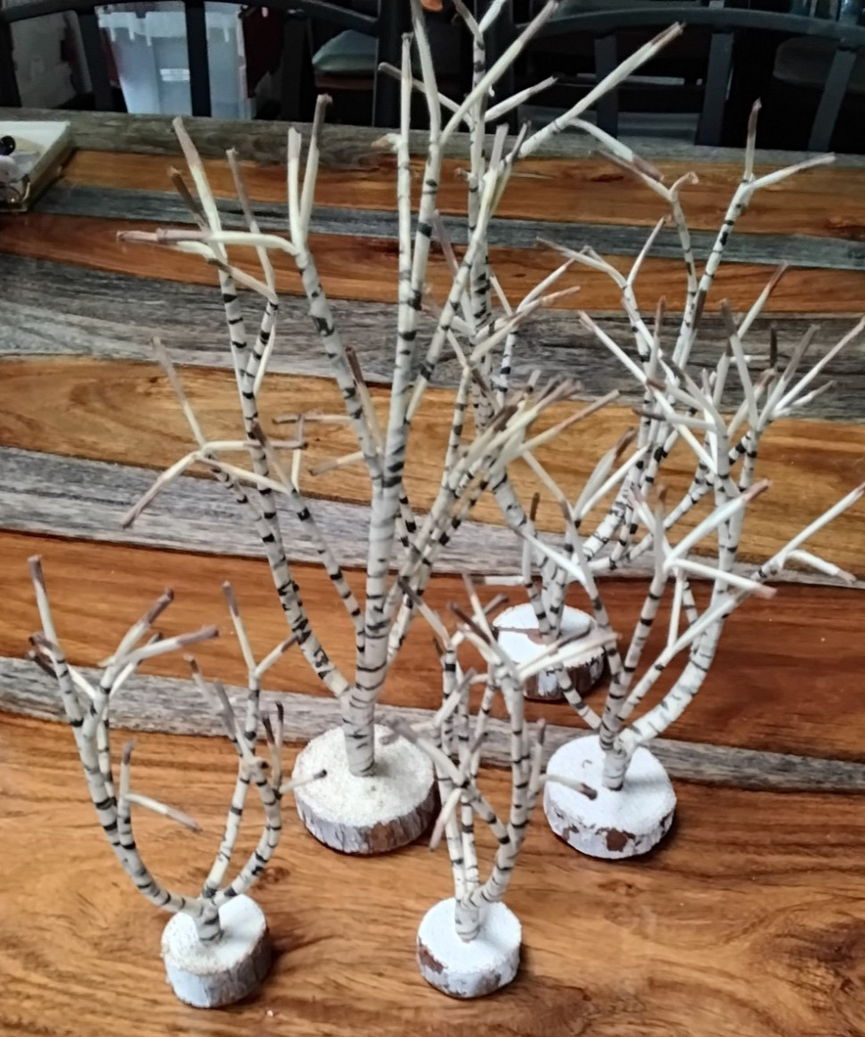 Lemax Lot of 6 Winter Birch Trees With Sturdy Wood Bases Assorted Heights.