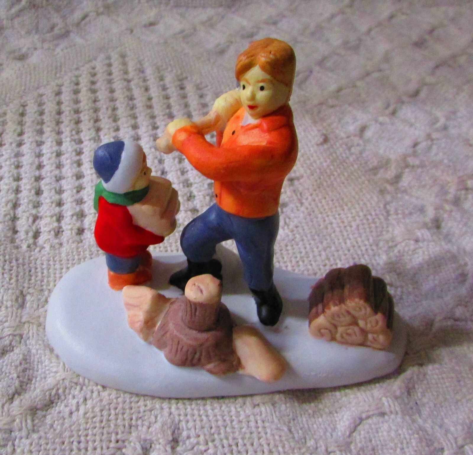Christmas Village Decoration, Man With Son Chopping Wood