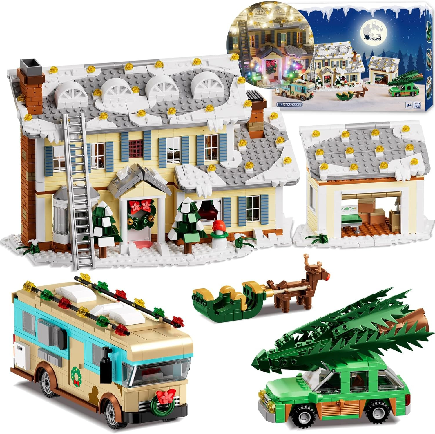 Christmas Holiday House Building Set, 5 in 1 Model Buildings Kits Snow Village &