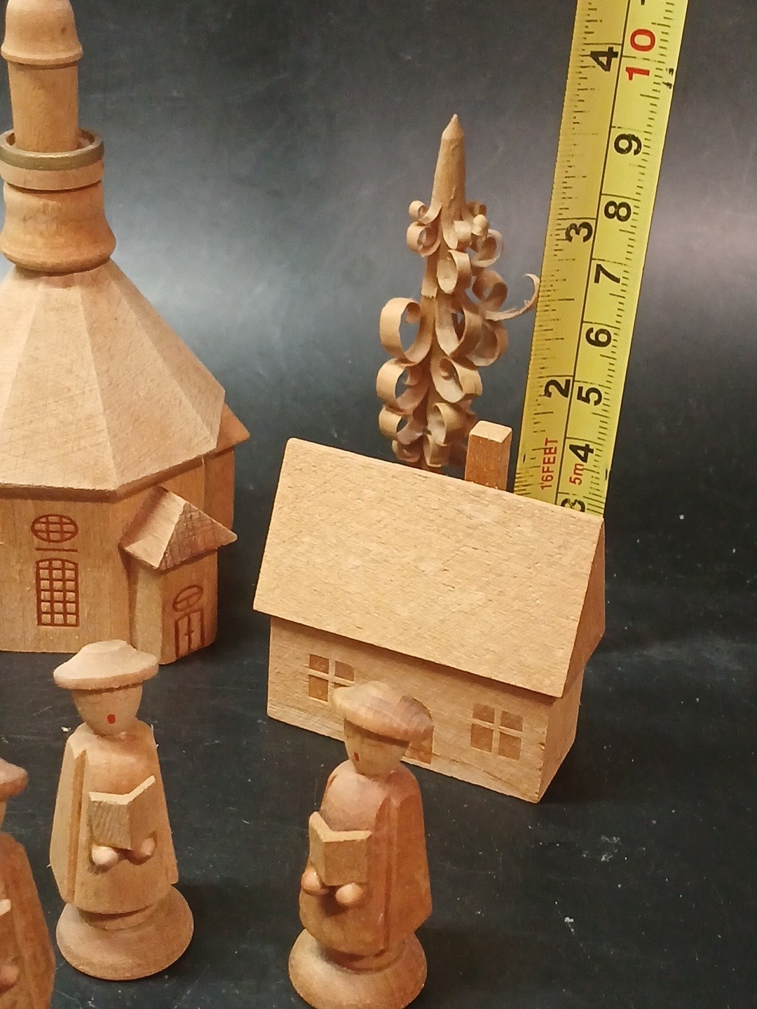 9 Piece VTG German Dominican Republic Wood Miniature Village Church Trees Chior