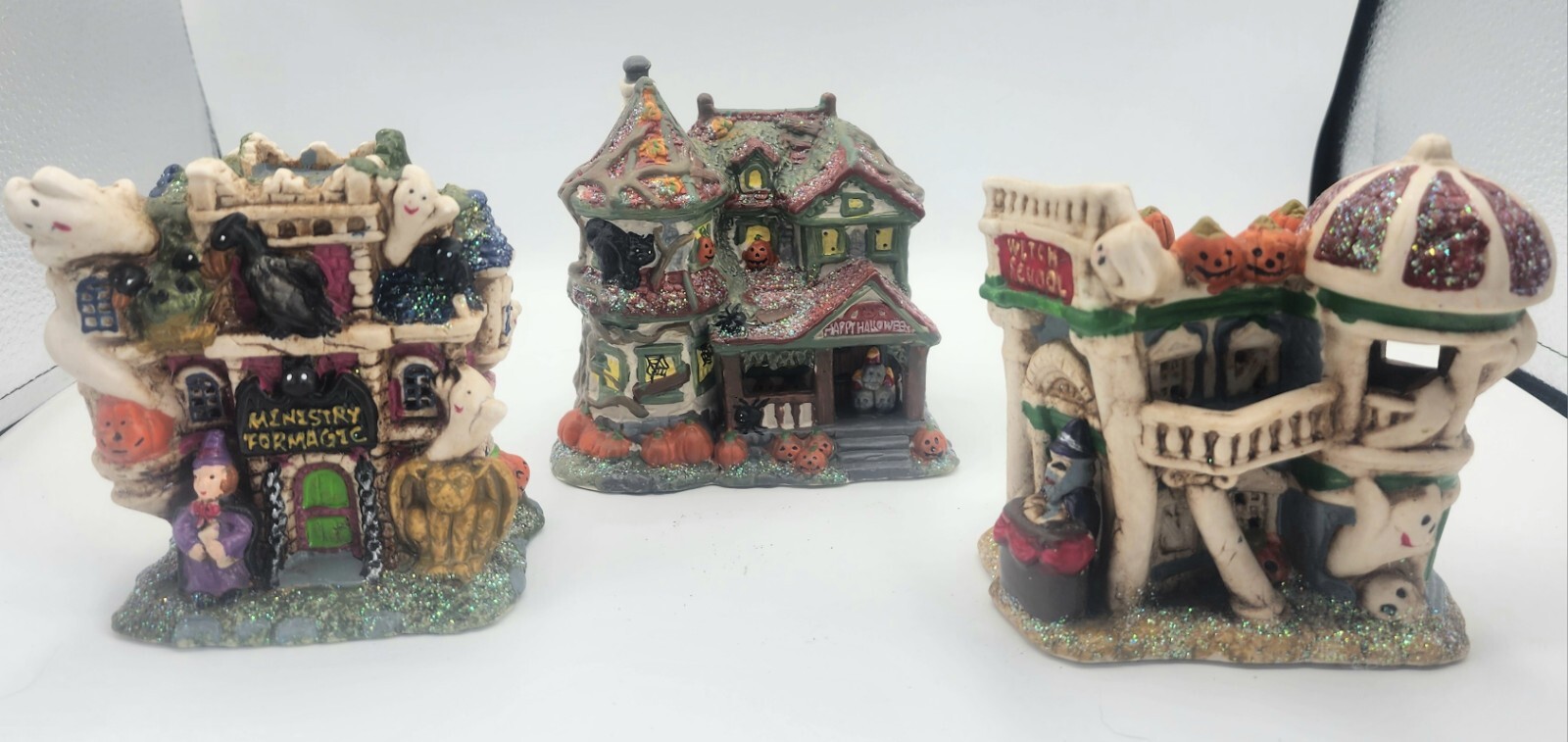 Set of 3 Halloween Village Ceramic Houses Lighted Decor 4x5in Lights Not Include