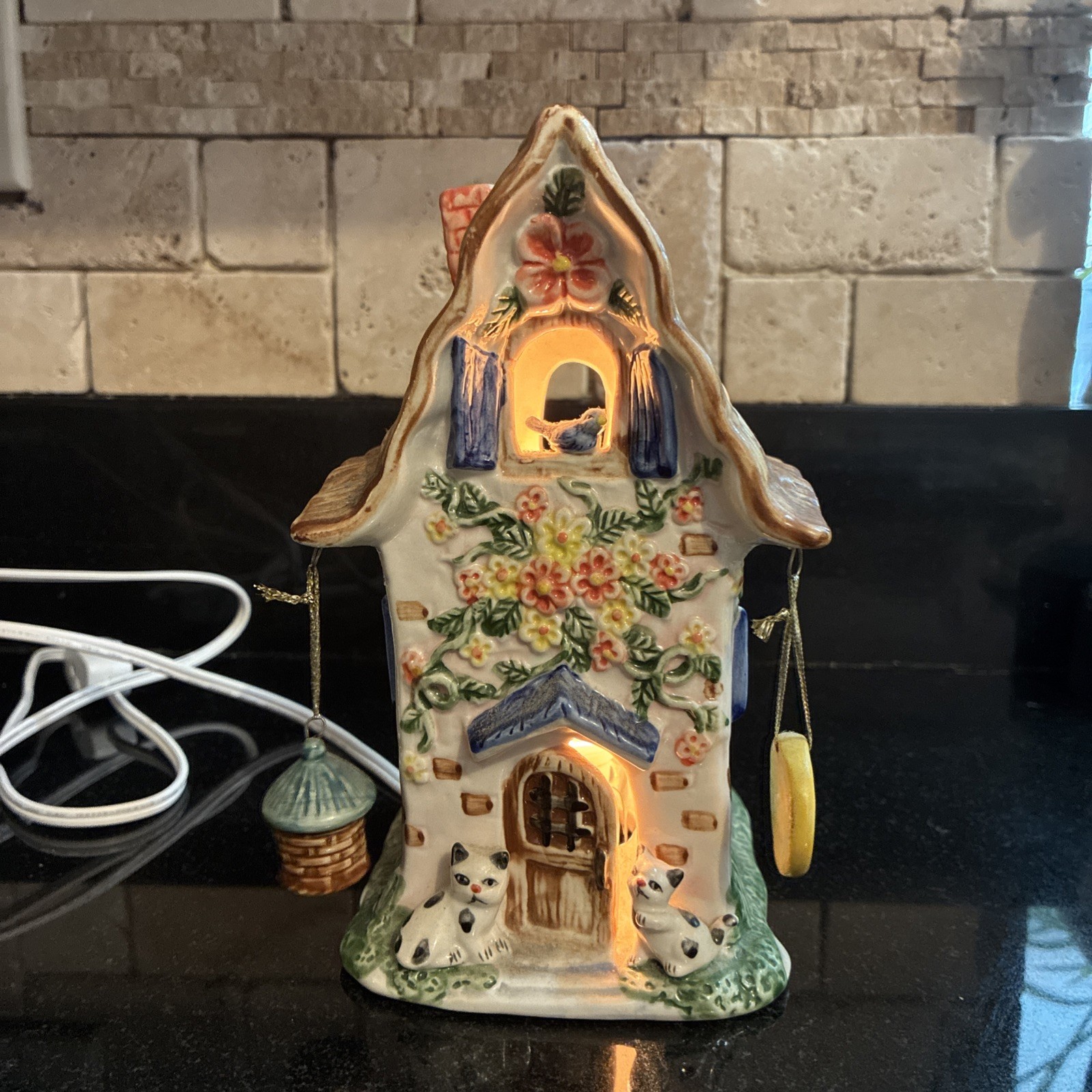 Vintage Whimsical Lighted Fairy Cottage House Bird Cat Flowers Cottagecore