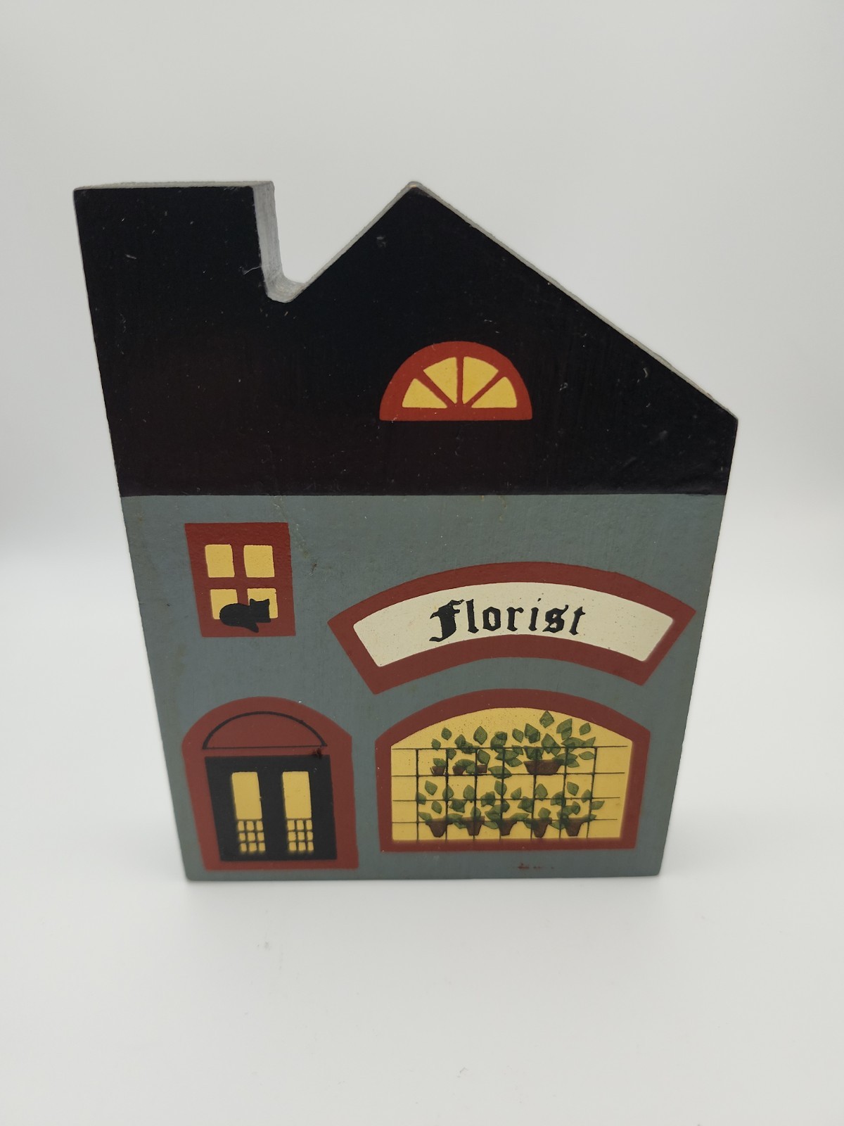 The Cats Meow Village Florist 1988 Artist Signed Faline Wood Shelf Sitter
