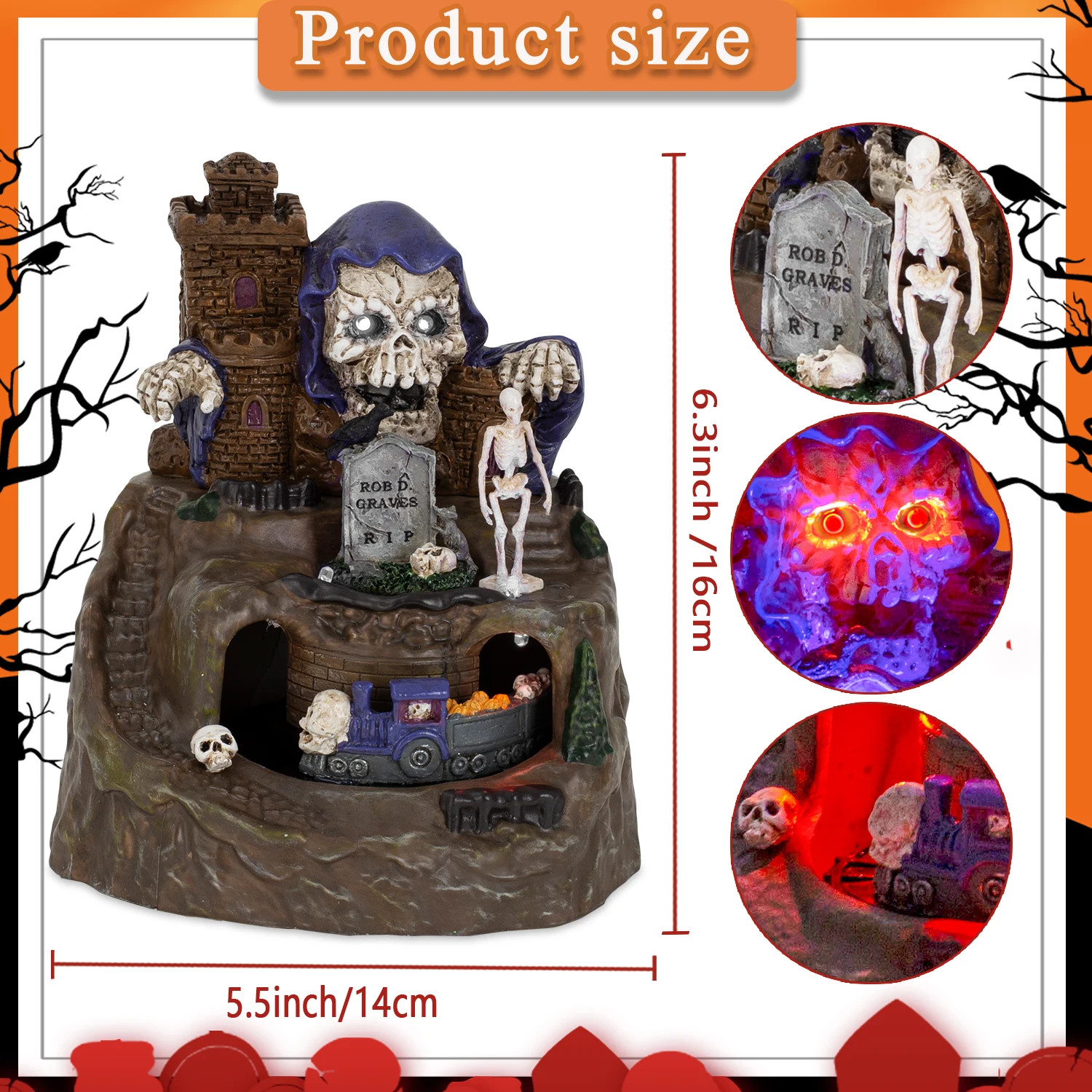 Animated Halloween Village House Decor with Moving Train Pre-Lit Music Skull Gho