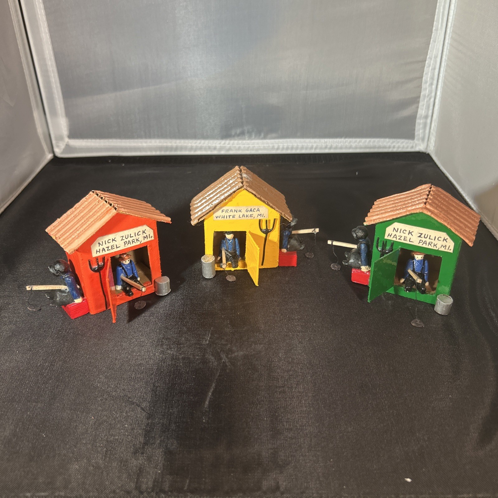 3 Vintage 80’s Painted Wood Christmas Village Ice Shanty W/Fishermen Folk Art 3”