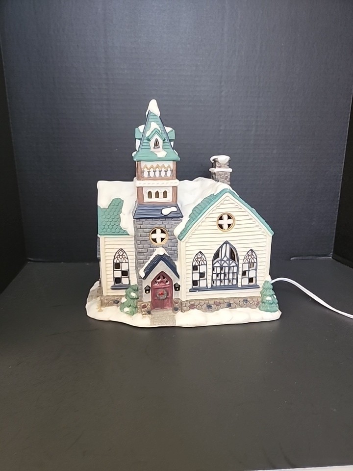 Holiday Home Accents Porcelain Lighted Wood Church Christmas Village CHURH Snow