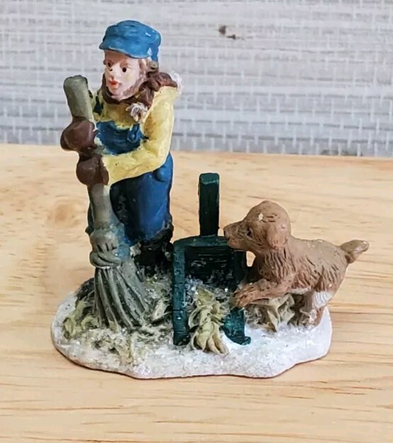 Christmas Village Farming Cleaning Mini Figurine Boy W/ Dog 2″