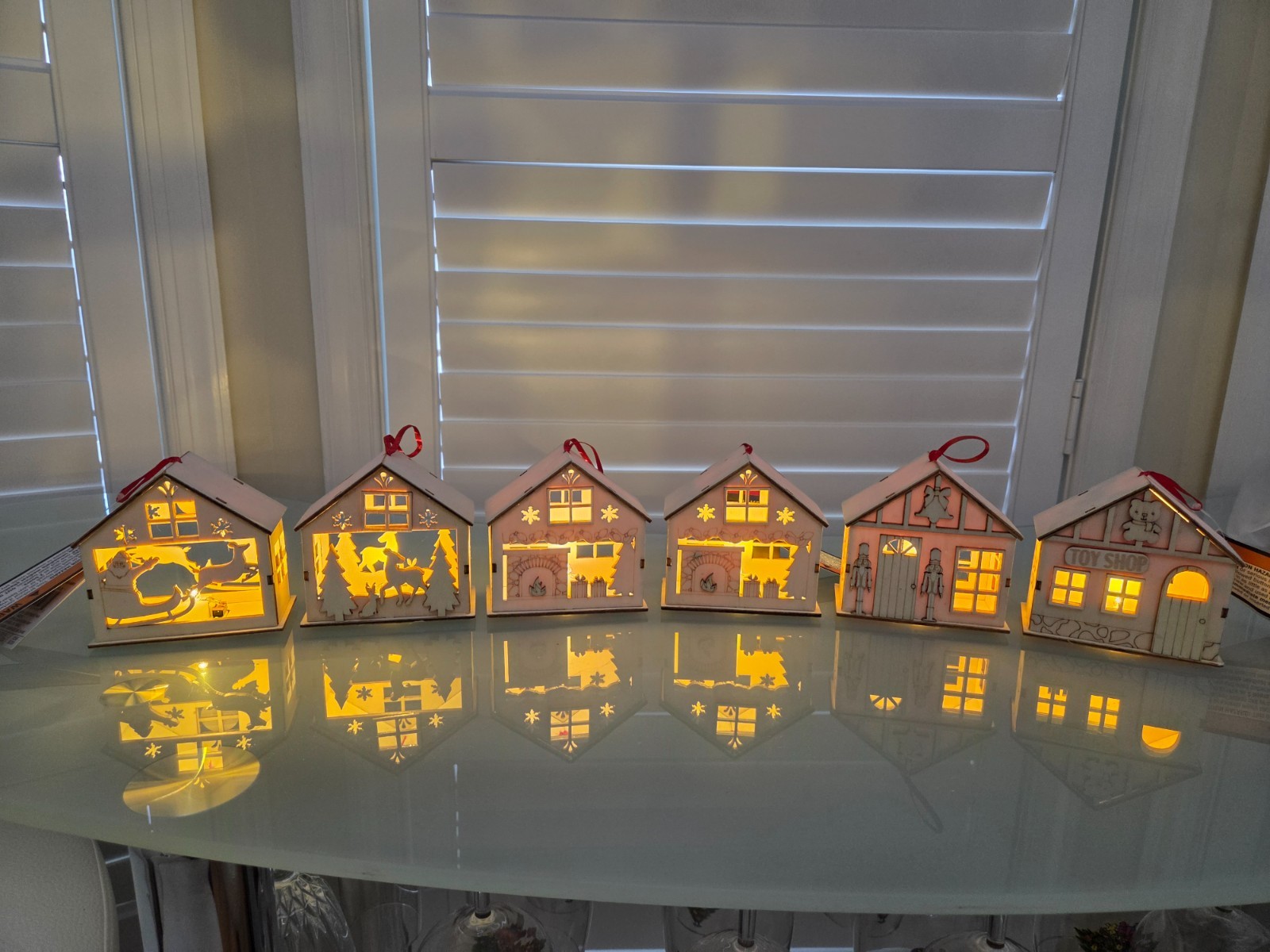 Christmas DIY Plywood Ornament Houses 4-inch – Lighted – Set of 6