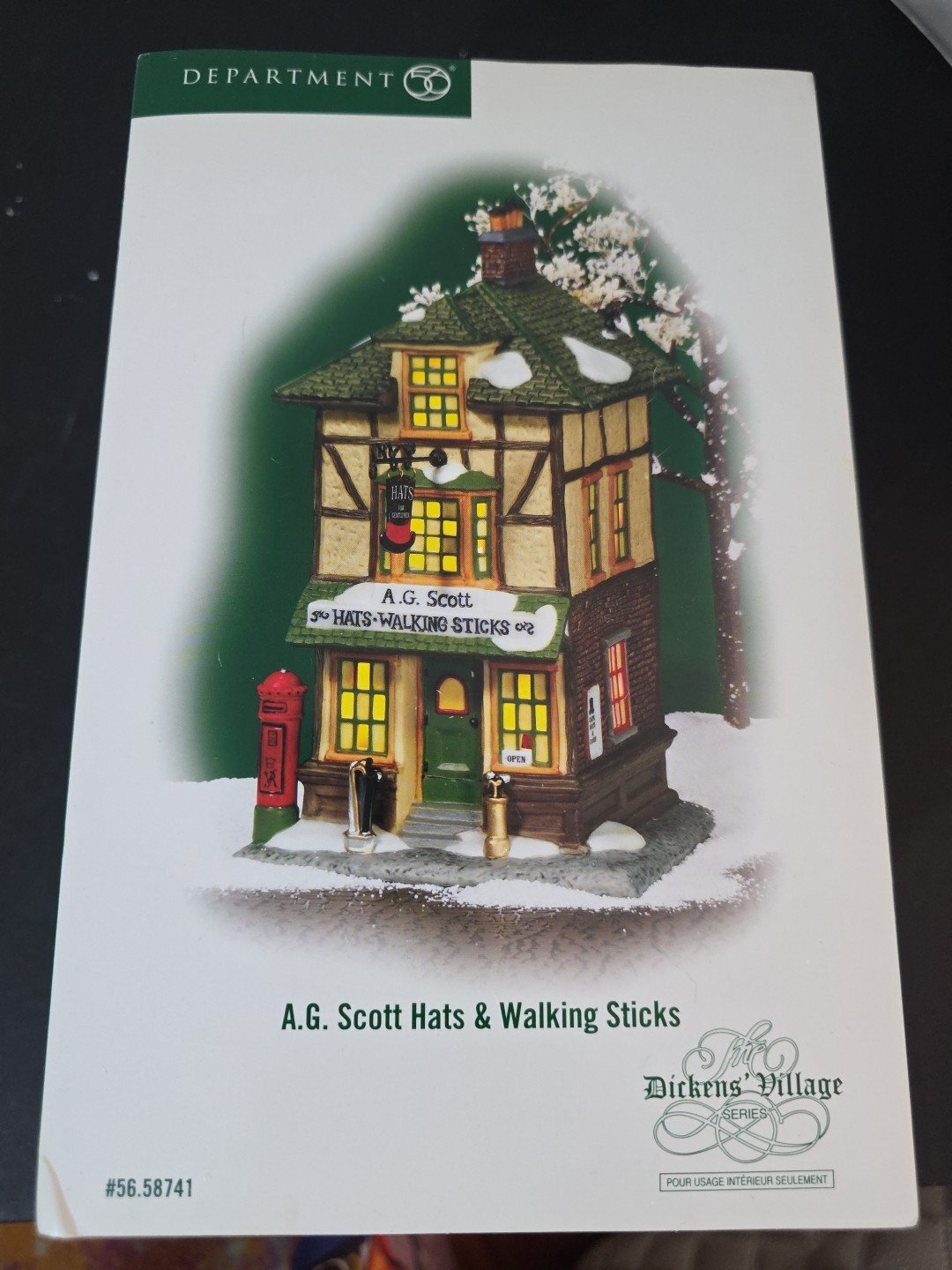 Dept 56 Dickens Village “A.G. Scott Hats & Walking Sticks” #58741 Lighted House