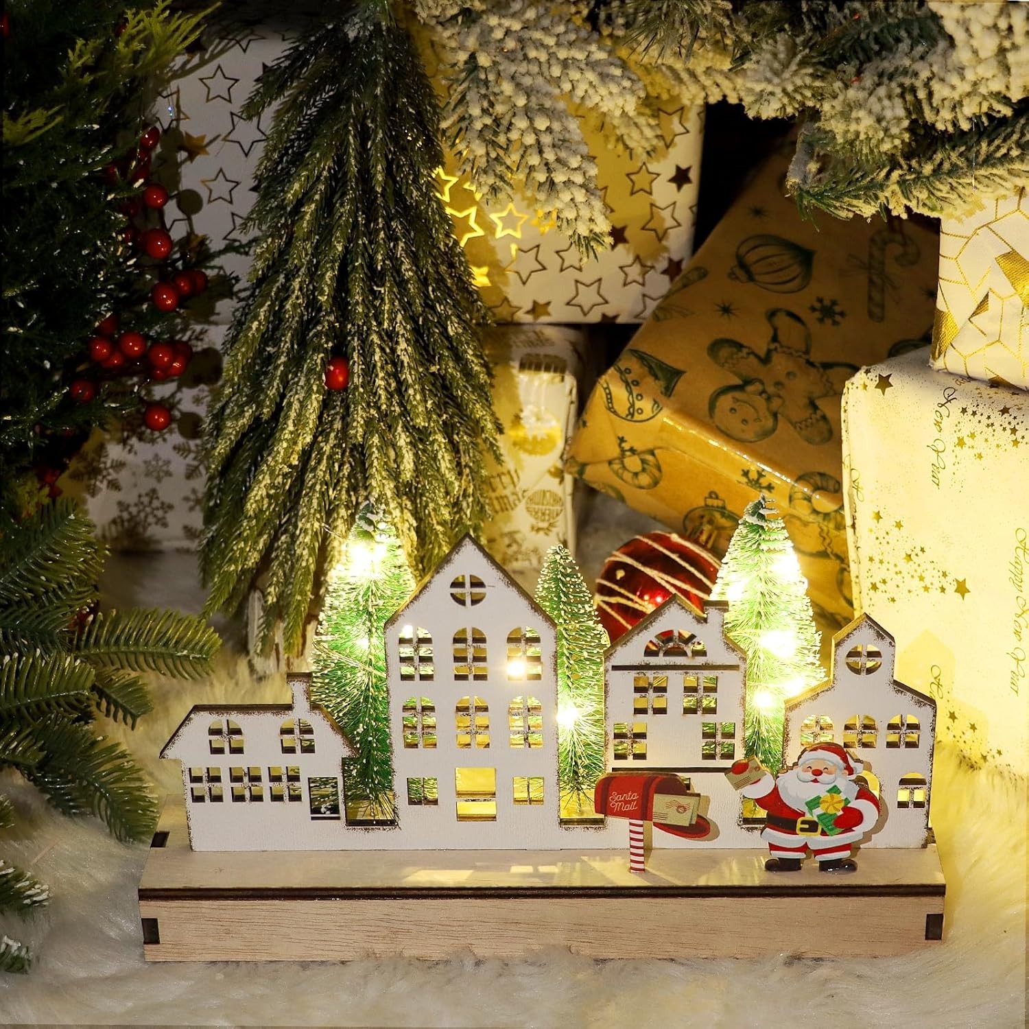 DERAYEE Christmas Lighted Wooden Tabletop Decor LED Christmas Village House Tree