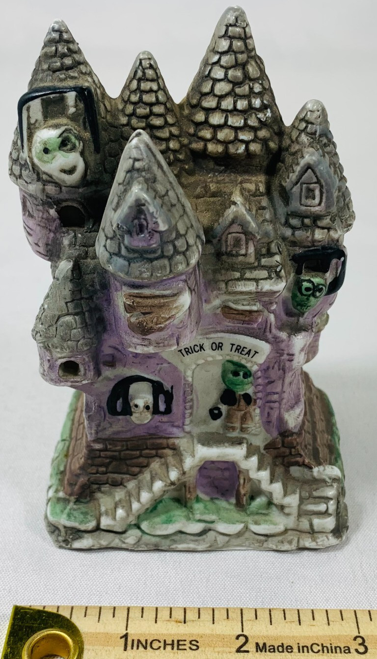 Vintage Hand Painted Porcelain Haunted House Tealight Candle Holder 5″