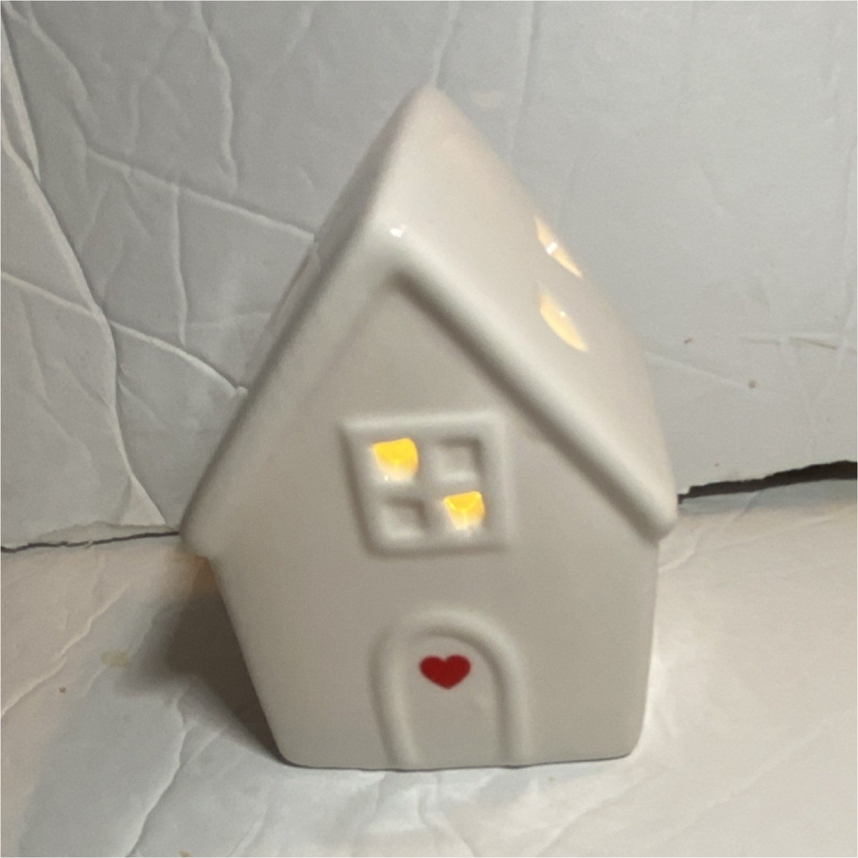 White Ceramic Glossy House with Heart Pattern, Illuminated, Contemporary Decor