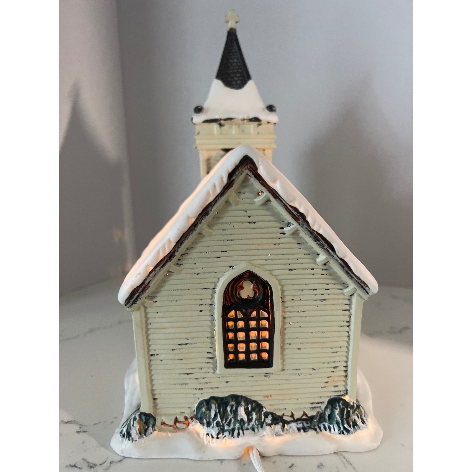 Vintage Style Lighted Christmas Village Church Snow Covered Winter Decor White