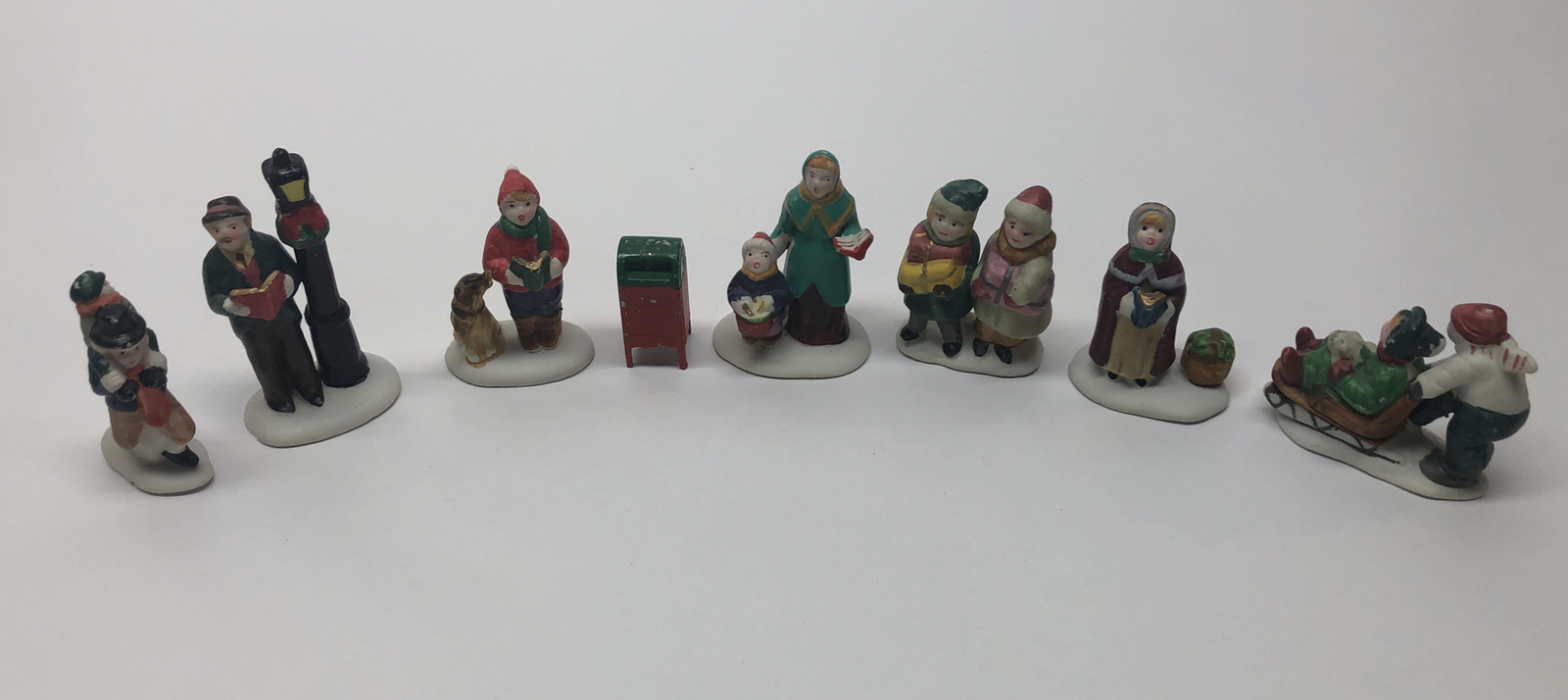 Lot Of 7 Lemax Porcelain Christmas Figurines & Unmarked Metal Mailbox