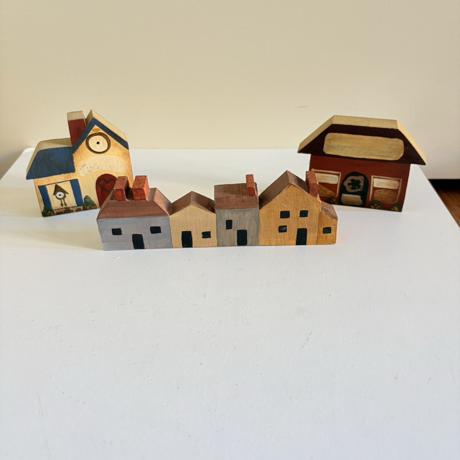 Primitive Folk Art Wood Block Village House Set 3 Handmade Painted Shops