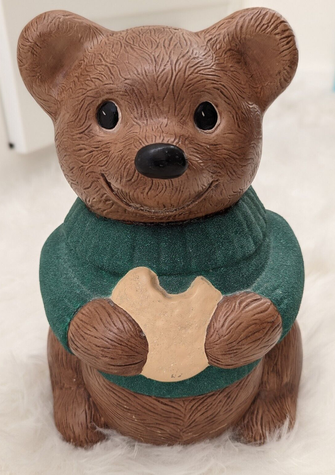 BEAR WITH GREEN SWEATER EATING COOKIE BANK | COIN COLLECTOR | PIGGY BANK