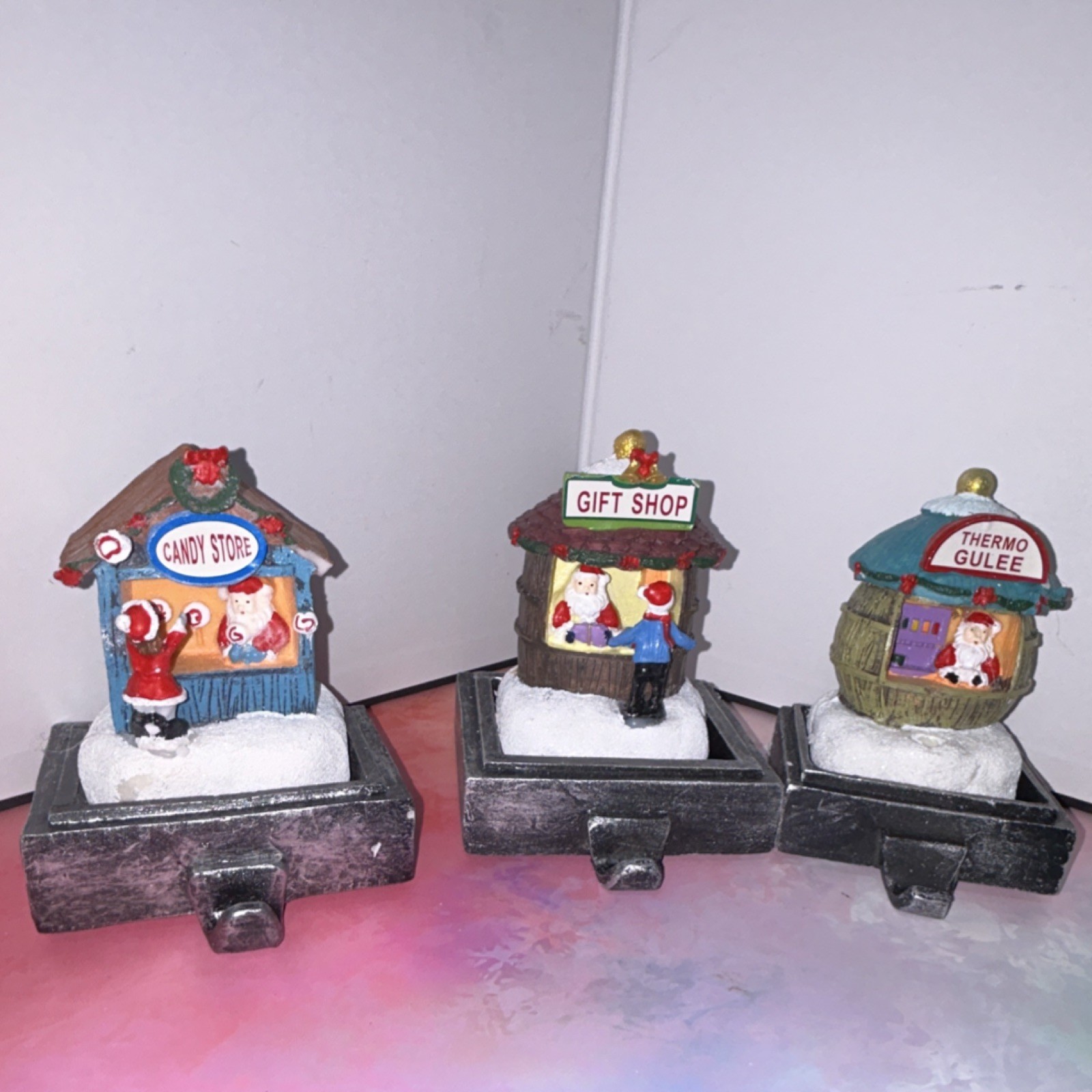 Painted Resin Christmas Village Buildings Figurines Set of 3 Candy & Gift Shop