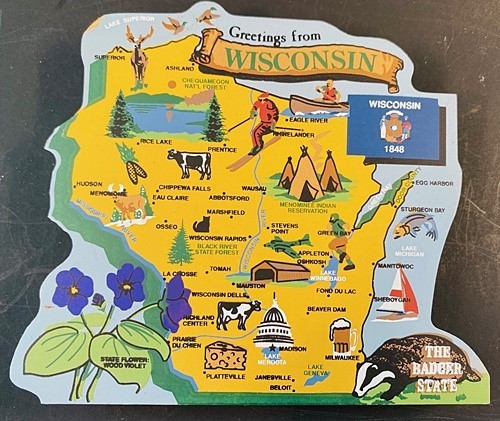 Cat’s Meow Wisconsin State Map RA 694 featuring State Bird,Flower,Cities & More