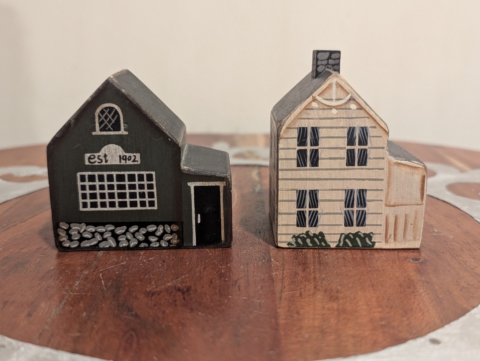 Two Unbranded Primitive Miniature Solid Wood Village Saltbox House Decorations