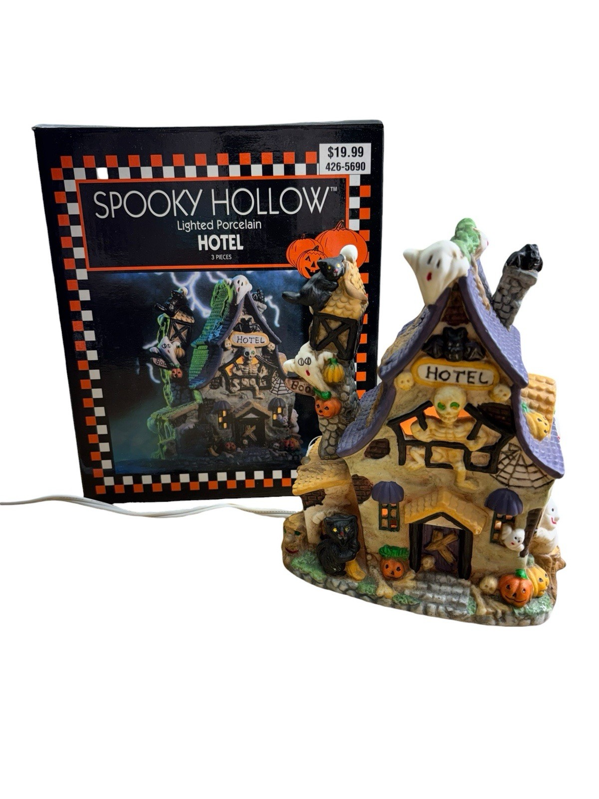 Spooky Hollow Lighted Porcelain Halloween Hotel House w/ Box Tested