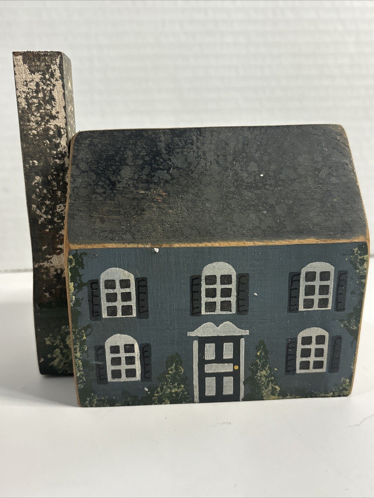 Vintage Wooden Village Block House Hand Painted Pink /w Moss Chimney