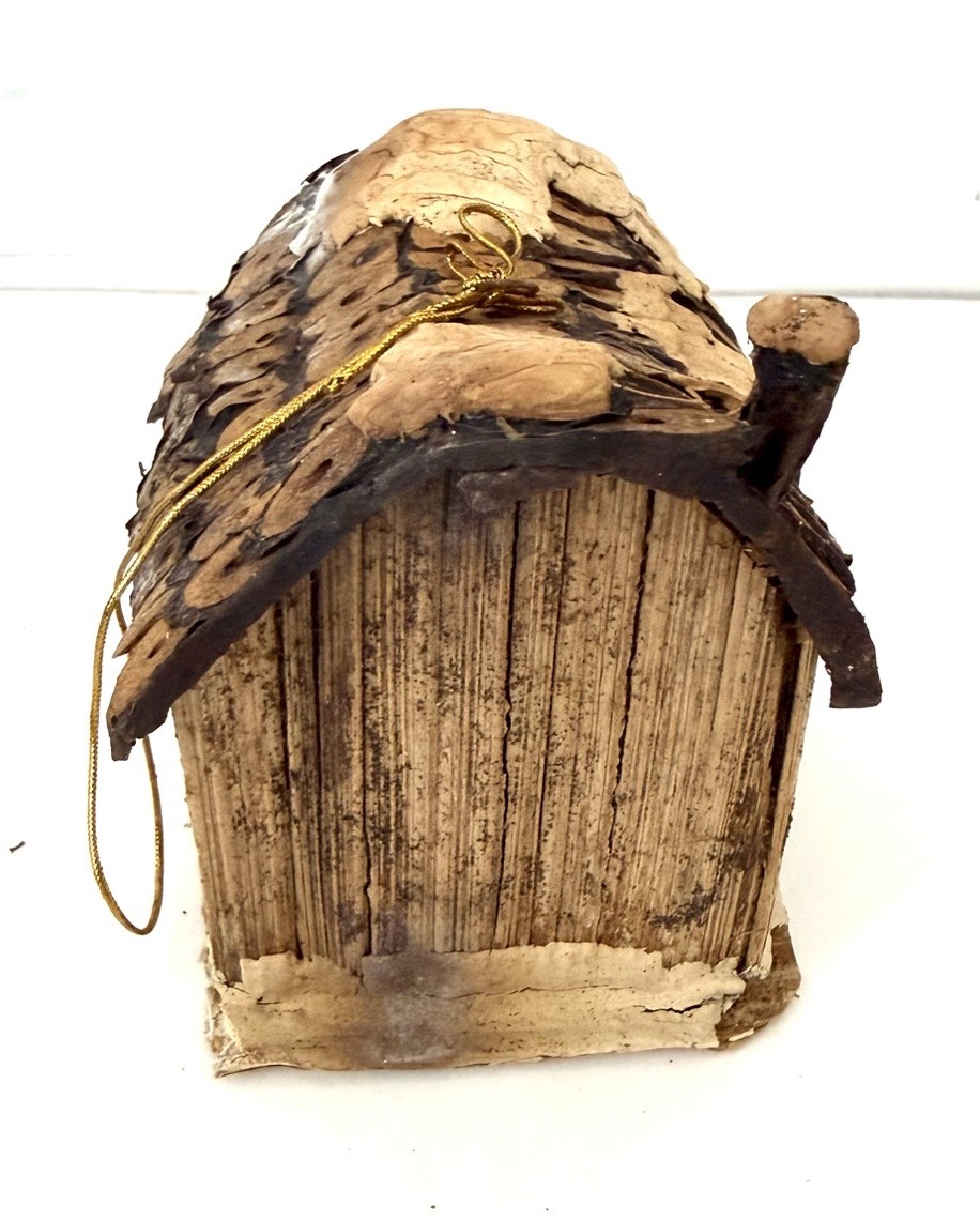 Vintage Miniature Folk Art Cabin Houses Ornaments, Bark, Wood, Straw, Lot Of 4