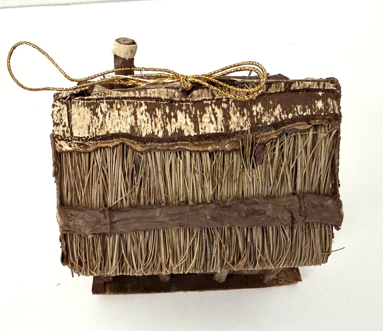 Vintage Miniature Folk Art Cabin Houses Ornaments, Bark, Wood, Straw, Lot Of 4